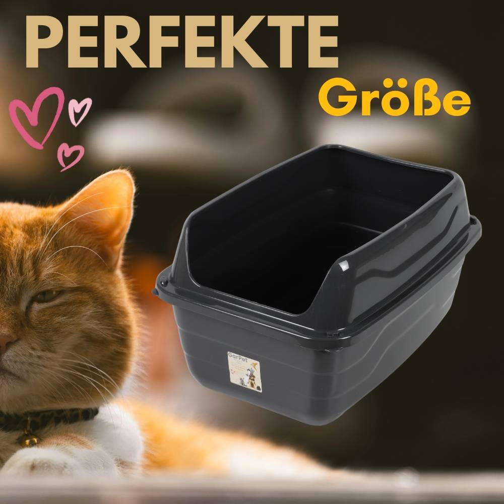 Katzenklo mit hohem Rand Schwarz Katzentoilette XXL Katzenklo offen hoher Rand Katzenklo ohne Deckel Extra Hoch 56x40x30 cm Anthrazit