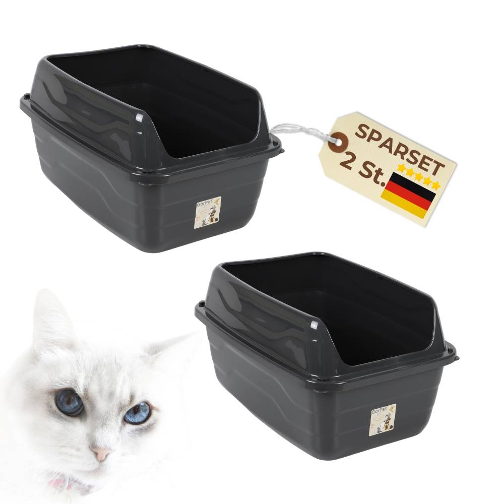 2er Set Katzentoiletten mit hohem Rand Schwarz Katzentoilette XXL Katzenklo offen hoher Rand Katzenklo ohne Deckel Extra Hoch 56x40x30 cm Anthrazit