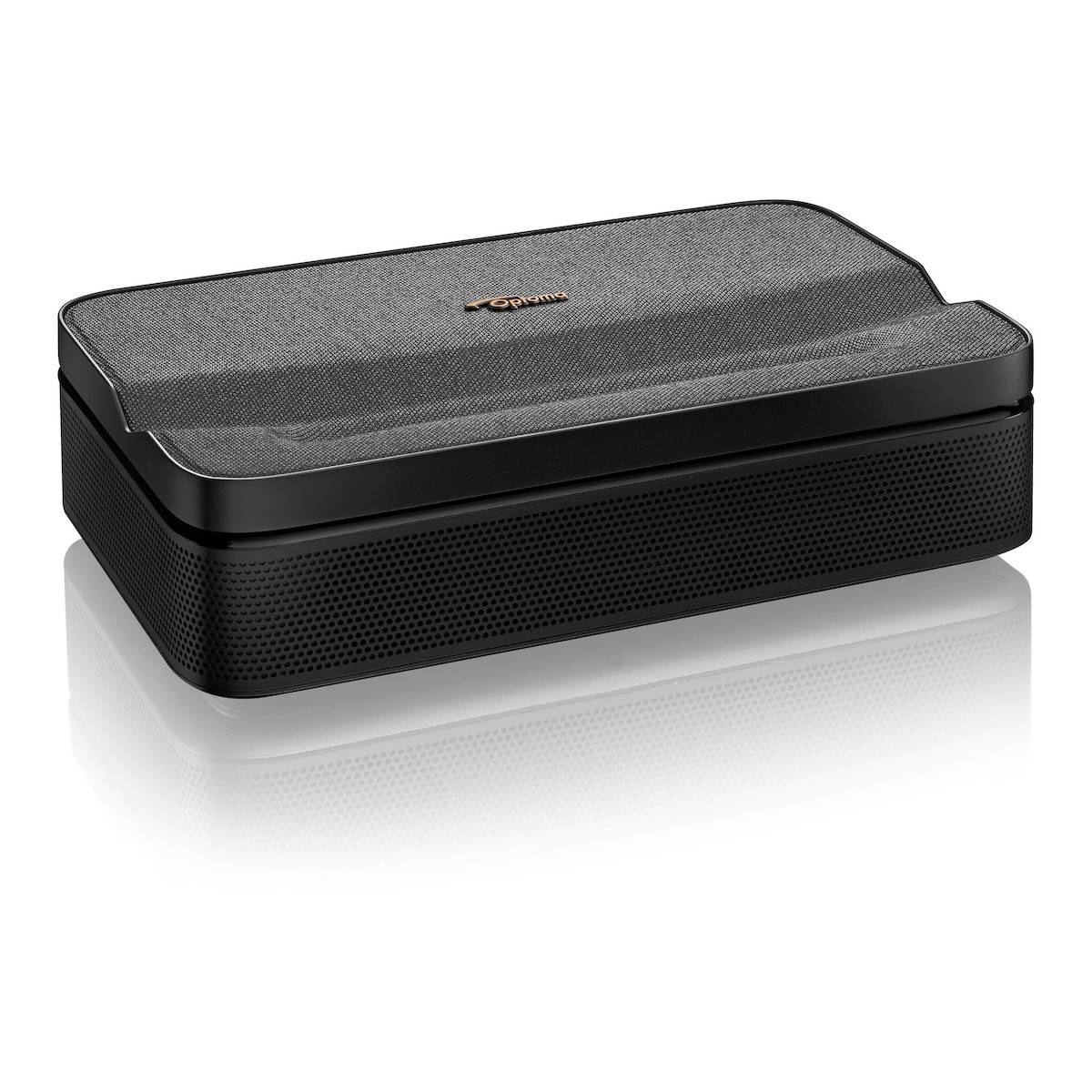 Ein schwarzes elektronisches Gerät mit stoffbezogenem Oberteil, das ein Markenlogo aufweist. Es hat ein elegantes, modernes Design und ist wahrscheinlich ein Lautsprecher oder Projektor.