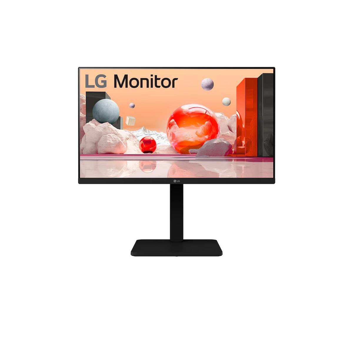 LG-Monitor zeigt abstrakte Kunst mit geometrischen Formen und Kugeln in Rot- und Grautönen.