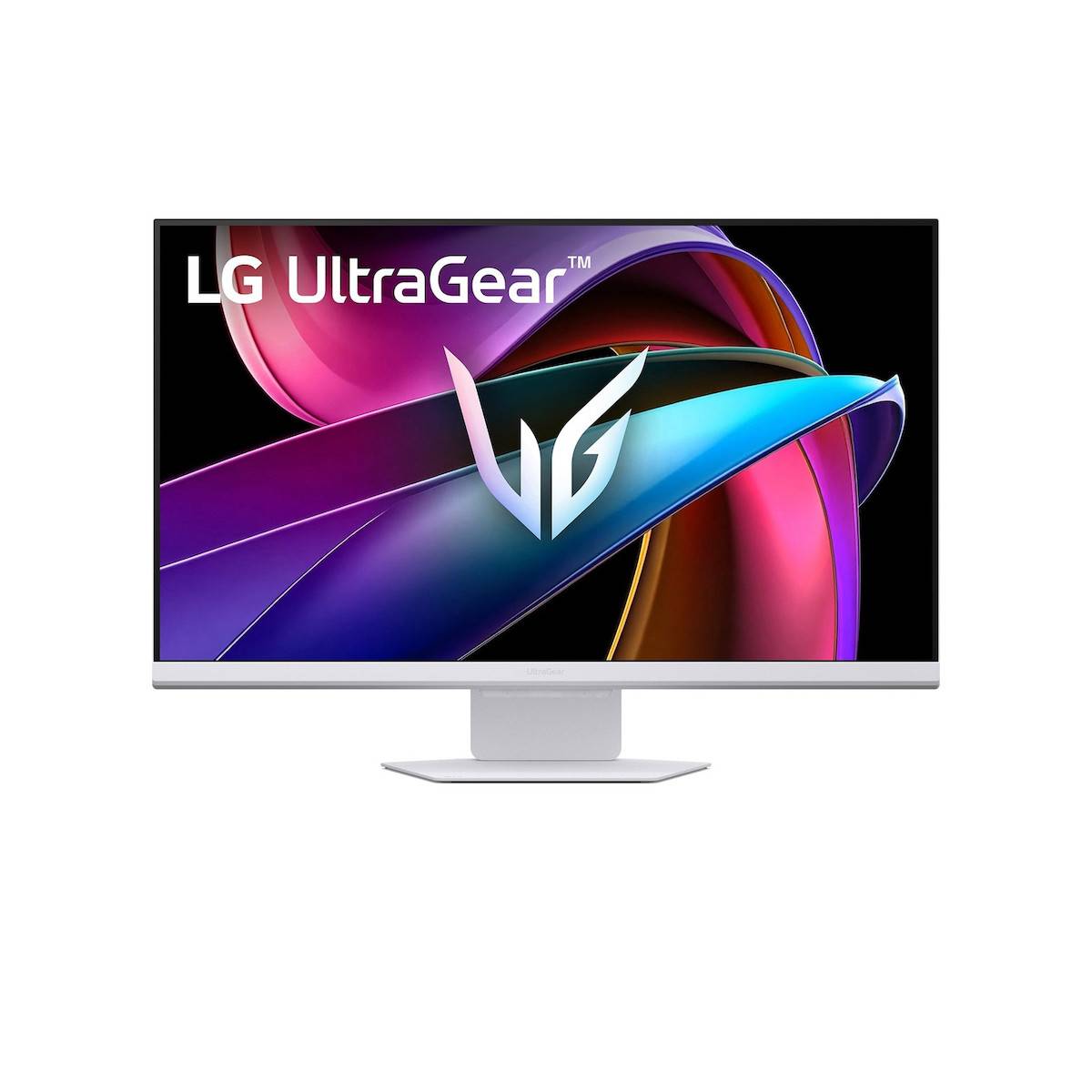Ein Computermonitor zeigt wirbelnde abstrakte Farben und den Text „LG UltraGear