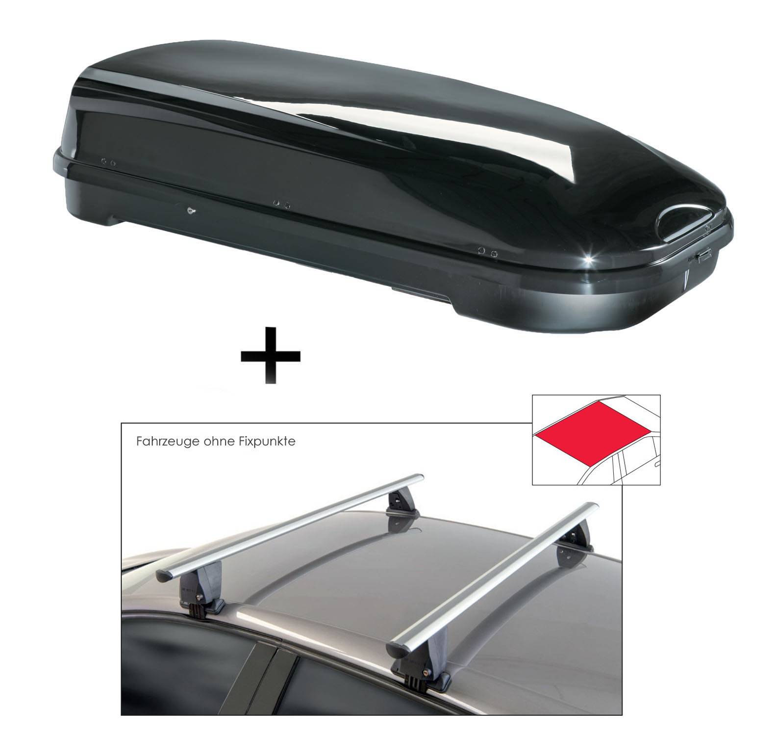 Dachbox VDPFL580 580 Liter schwarz glänzend + Dachträger VDP Delta kompatibel mit für Jeep Compass (MP/552) (5 Türer) ab 2017
