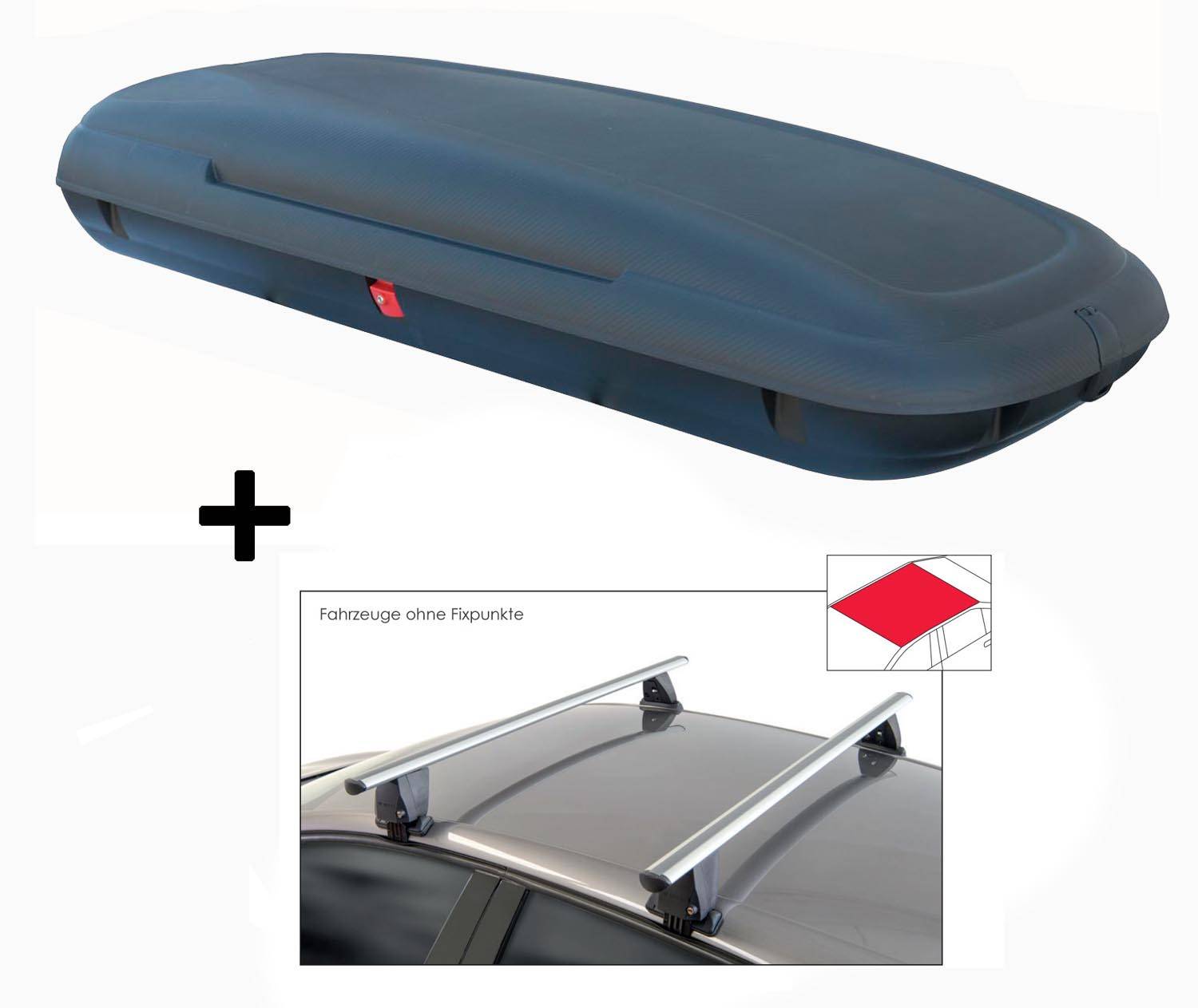 Dachbox VDPCA480 480 Liter carbonlook + Dachträger VDP Delta kompatibel mit für Kia Picanto (JA) (5 Türer) ab 2017