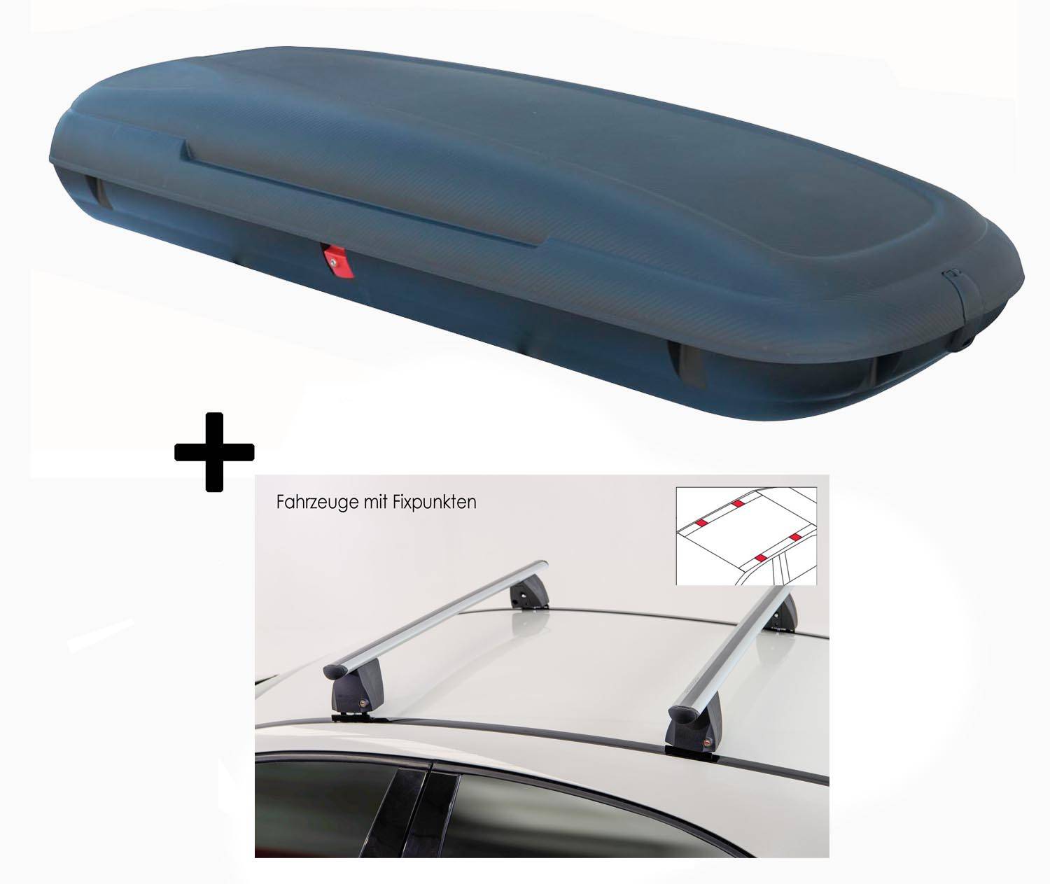 Dachbox VDPCA480 480 Liter carbonlook + Dachträger VDP Delta kompatibel mit für Fiat Doblò II (5 Türer) 2010-2015
