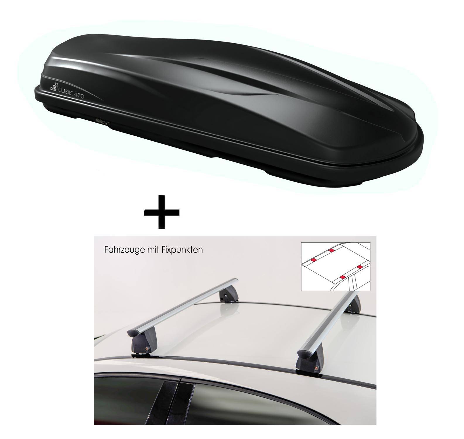 Dachbox CUBE470 470 Liter schwarz glänzend + Dachträger VDP Delta kompatibel mit für Mazda 3/Axela(BL) (5 Türer) 2009-2013