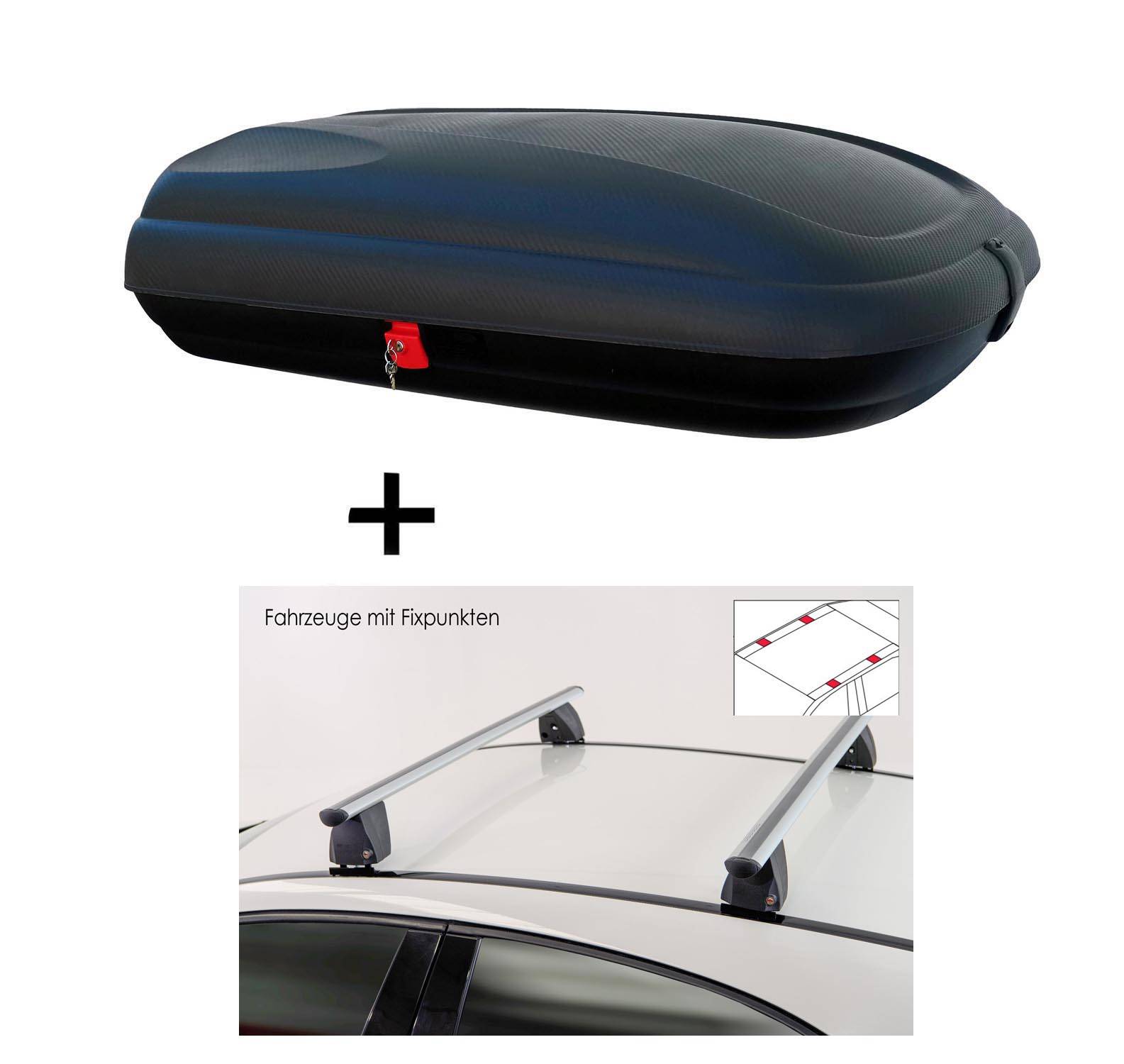 Dachbox VDPBA320 320 Liter carbonlook abschließbar + Dachträger VDP Delta kompatibel mit für Mercedes CLS (C219) (4 Türer) 2004-2010