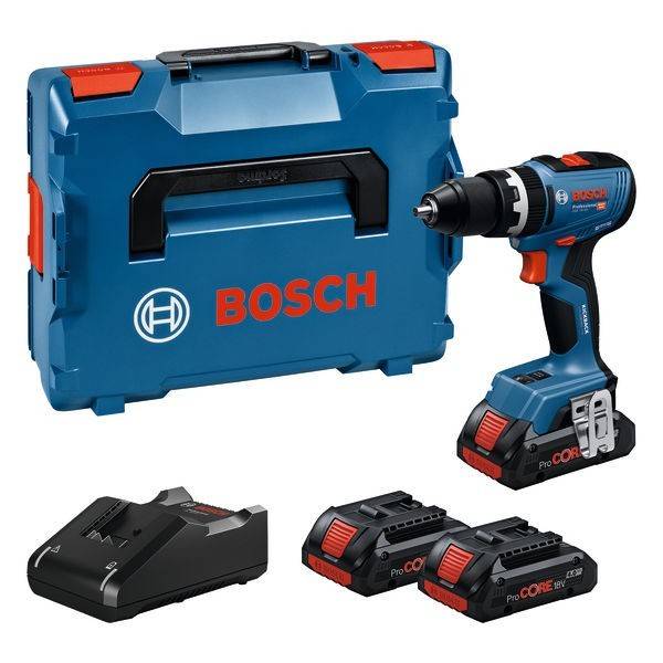 Ein Bosch Akku-Bohrschrauber-Set mit zwei Batterien, einem Ladegerät und einem blauen Transportkoffer. Der Bohrschrauber ist mit dem Bosch-Logo und den Bosch-Farben versehen.