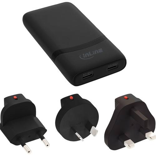 Schwarze Powerbank mit zwei USB-Anschlüssen wird mit drei verschiedenen Steckeradaptern darunter gezeigt.
