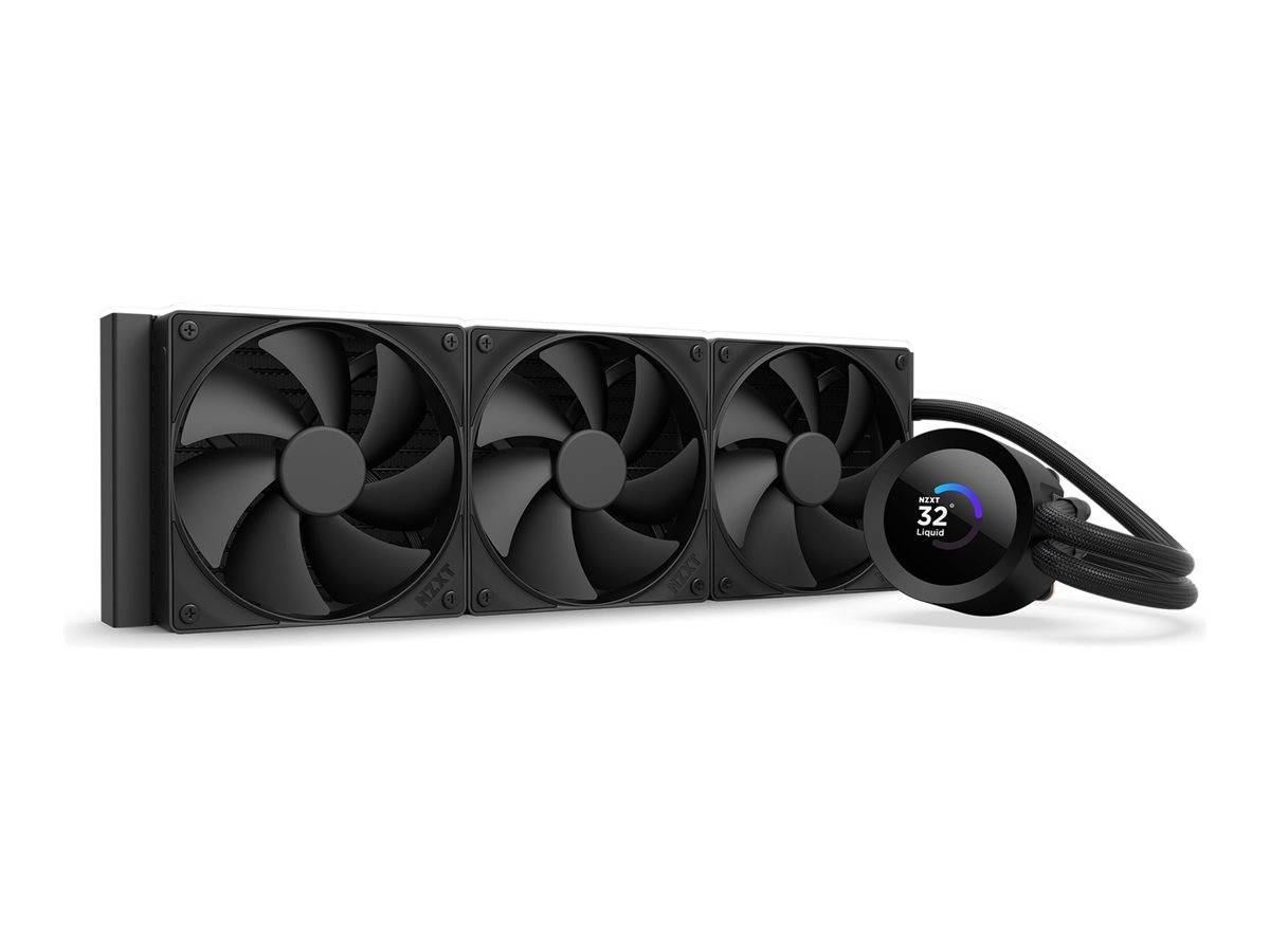 Schwarze Flüssigkeits-CPU-Kühlung mit drei Radiator-Lüftern und rundem Pumpen-Display mit Anzeige von 32°C