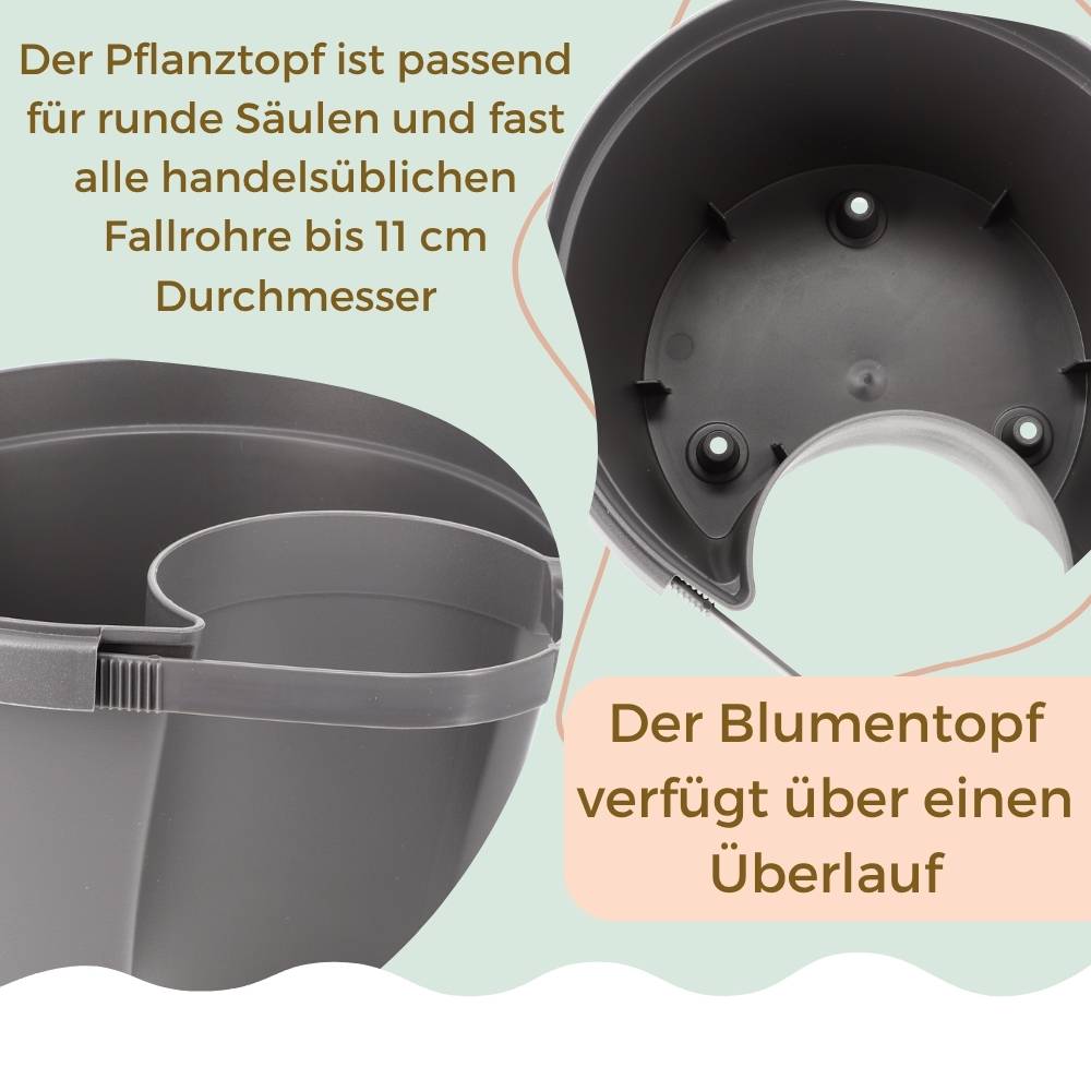 4er Set Fallrohr Blumentopf Fallrohr Blumentopf für Regenrohr Regenrinne Säule Pfosten Abflussrohr Hängetopf Pflanztopf Pflanzgefäß Grau 22x22x15