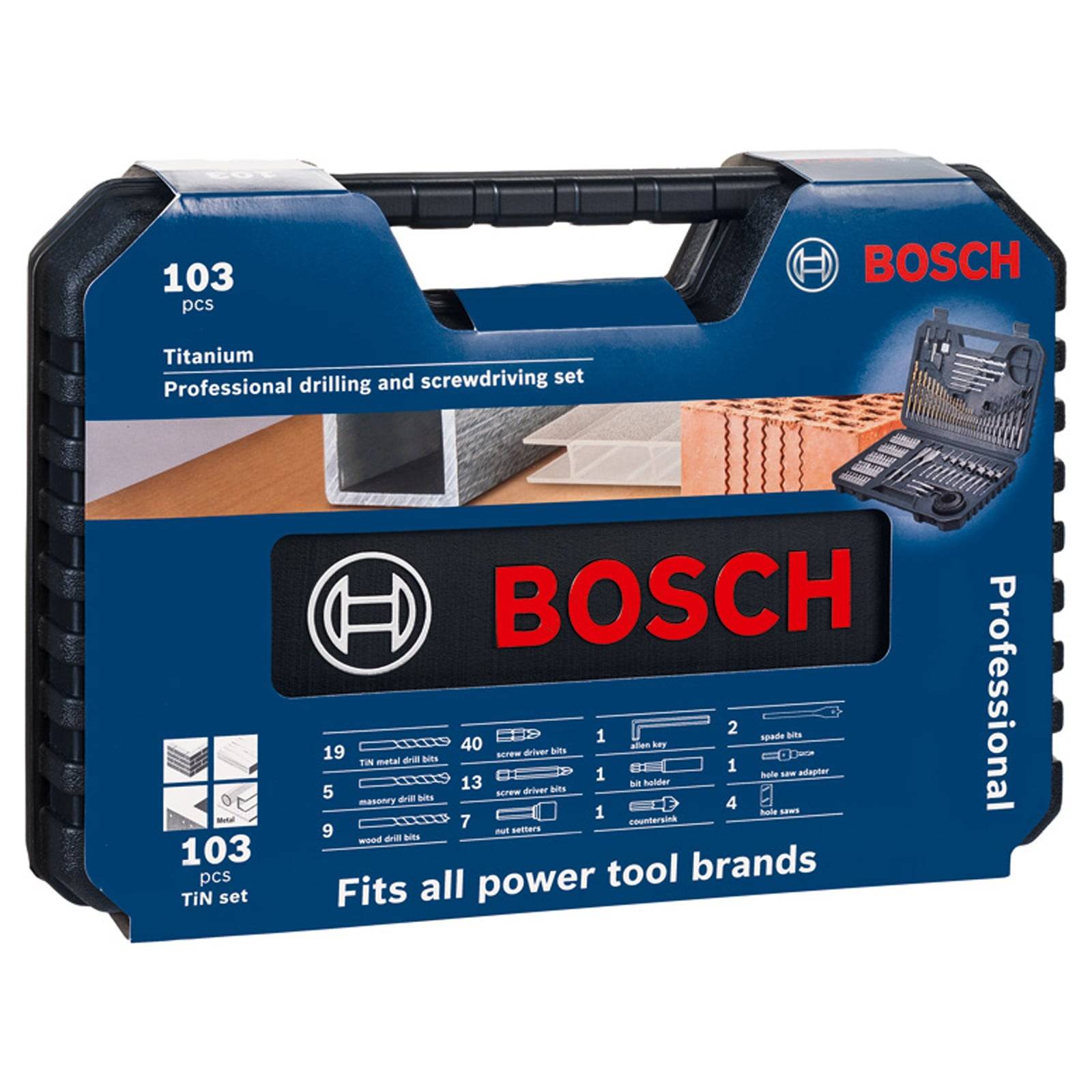 Bosch 103er Set Titan-Profi-Bohr- und Schrauberbits' mit Abbildungen von Bohrspitzen, kompatibel 'Passt auf alle Elektrowerkzeug-Marken'.