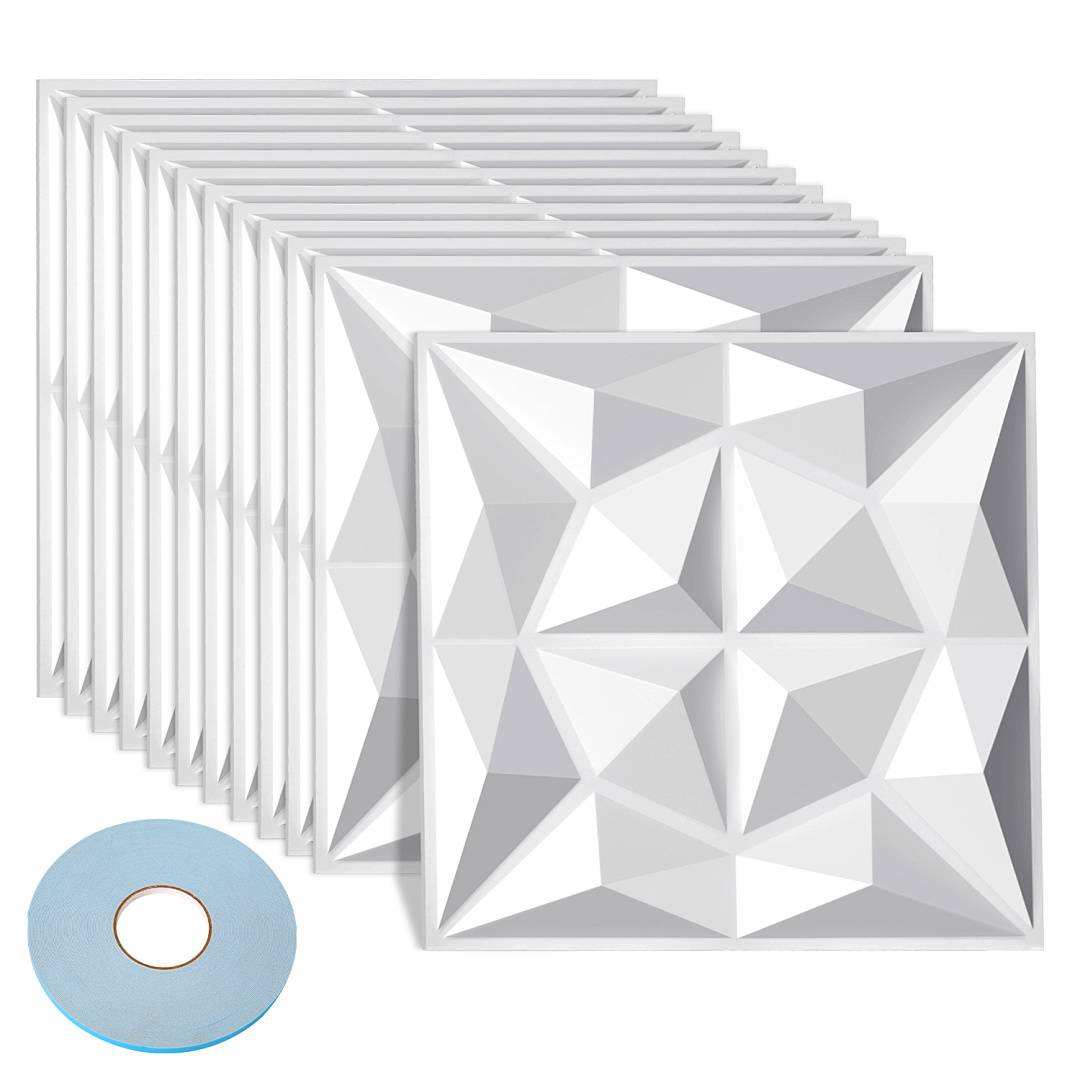 Stapel von weißen 3D-Quadrat-Dekorpaneelen oder Fliesen mit einer facettierten geometrischen Oberfläche, plus eine blaue kreisförmige Scheibe unten links.