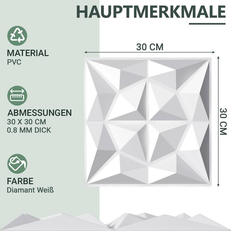 12pcs 3D Paneele Wandpaneele Polyvinylchlorid PVC – Verkleidung für Wand & Decke – 30x30cm (0,9 m²) – Leicht, Flexibel & Einfach zu Montieren