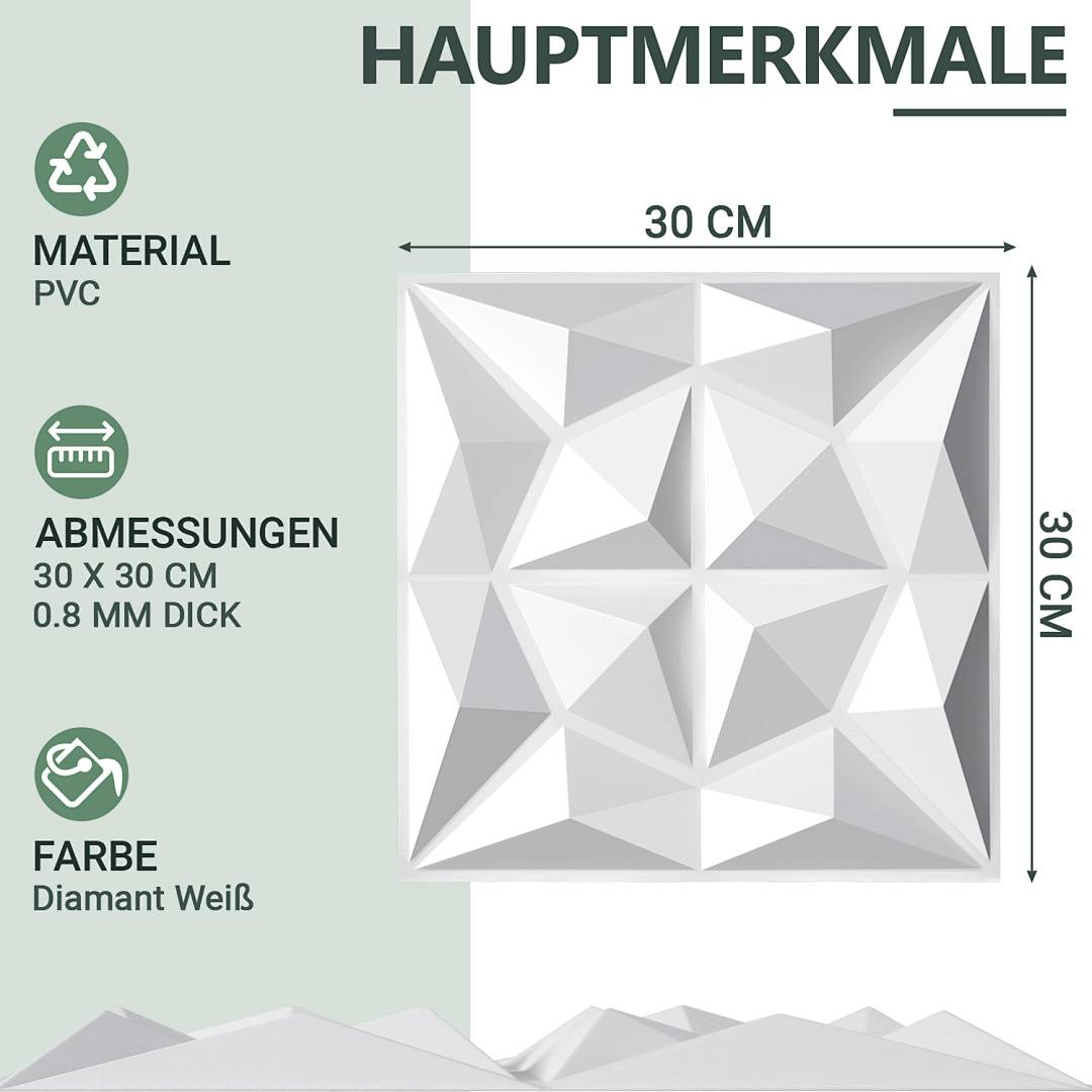 Infografik mit Produktmerkmalen: PVC-Material, Größe 30 x 30 cm, 0,8 mm Dicke, Farbe „Diamant Weiß", mit einer quadratischen Paneelabbildung von 30 cm.