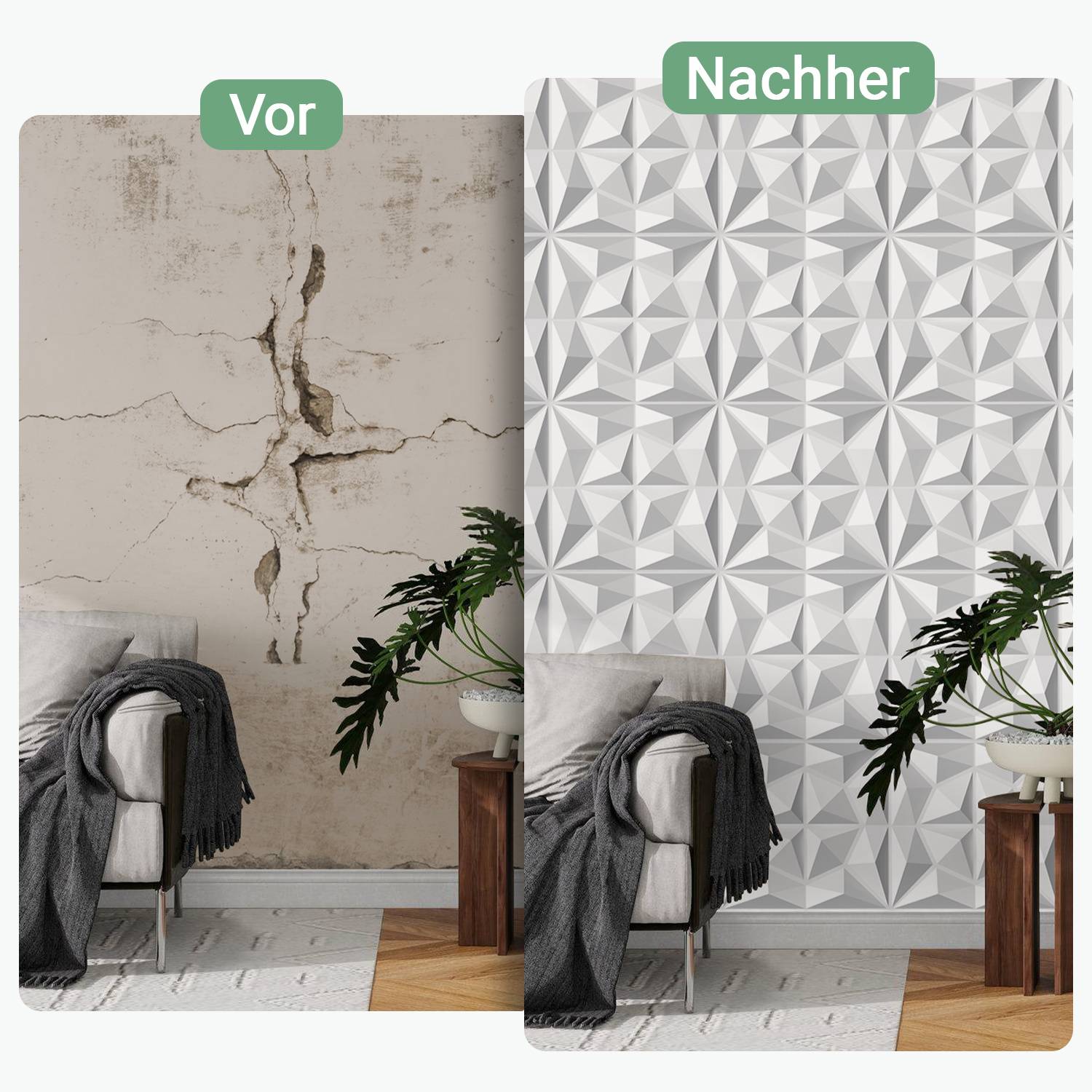 Vorher-und-Nachher-Renovierung eines Zimmers: beschädigte Wand ‚Vorher' durch geometrische weiße strukturierte Tapete ‚Nachher' hinter Stuhl und Pflanze ersetzt.