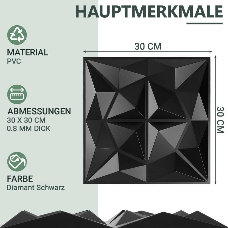12pcs 3D Paneele Wandpaneele Polyvinylchlorid PVC – Verkleidung für Wand & Decke – 30x30cm (0,9 m²) – Leicht, Flexibel & Einfach zu Montieren