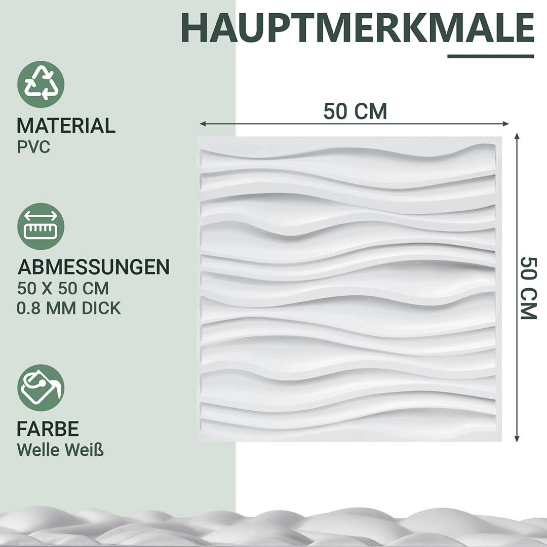 Produktfeature-Grafik für ein 50 x 50 cm PVC-Wandpaneel in „Welle Weiß" mit gewellter 3D-Textur; Material, Abmessungen und Farbe sind aufgelistet.