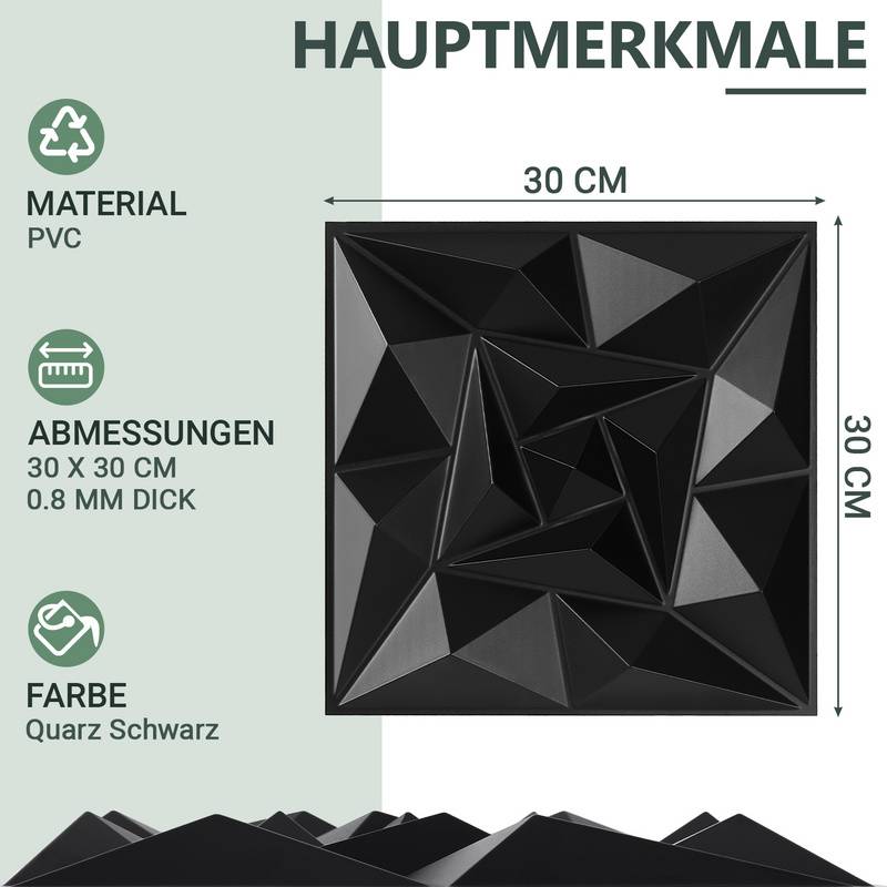 12pcs 3D Paneele Wandpaneele Polyvinylchlorid PVC – Verkleidung für Wand & Decke – 30x30 cm (0,9 m²) – Leicht, Flexibel & Einfach zu Montieren