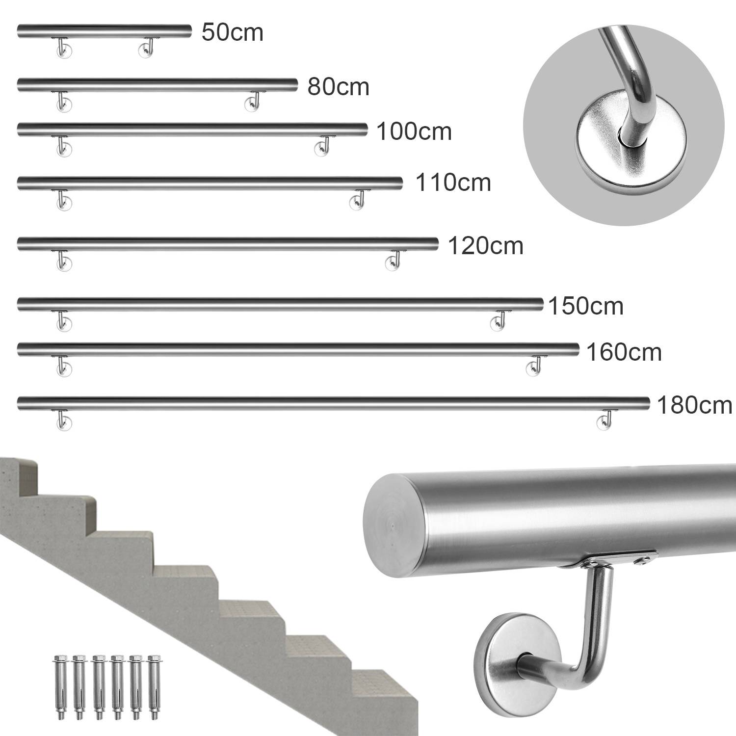 Edelstahl-Handläufe in Längen von 50 cm bis 180 cm, dargestellt mit Wandhalterungen, einer Detailansicht der Montage, einer Treppenhausinstallation und der mitgelieferten Befestigungshardware.