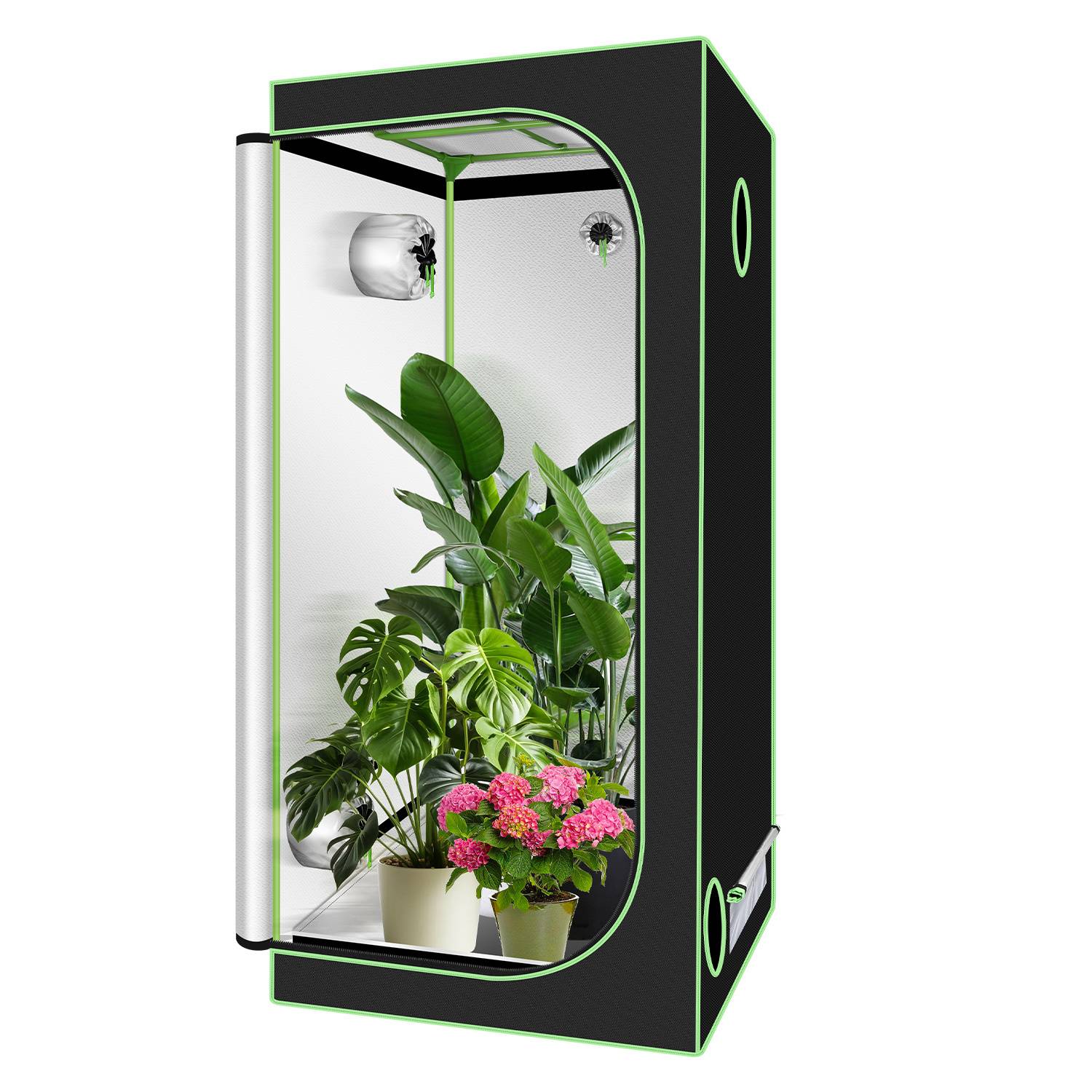 Ein kleiner Wachstumsschrank für den Innenbereich mit einer Glasfront und LED-Beleuchtung, der mehrere Töpfe mit grünen Pflanzen und rosa Blüten enthält.