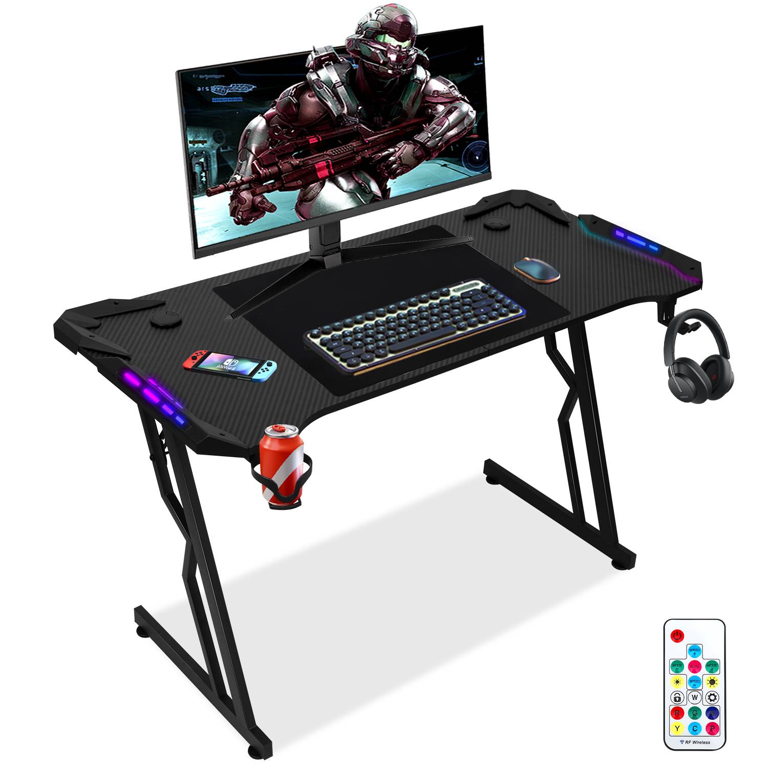 LED Gaming PC Tisch Schreibtisch,Inklusive Mauspad ,Kopfhörerhaken Getränkehalter,140x60cm,Schwarz