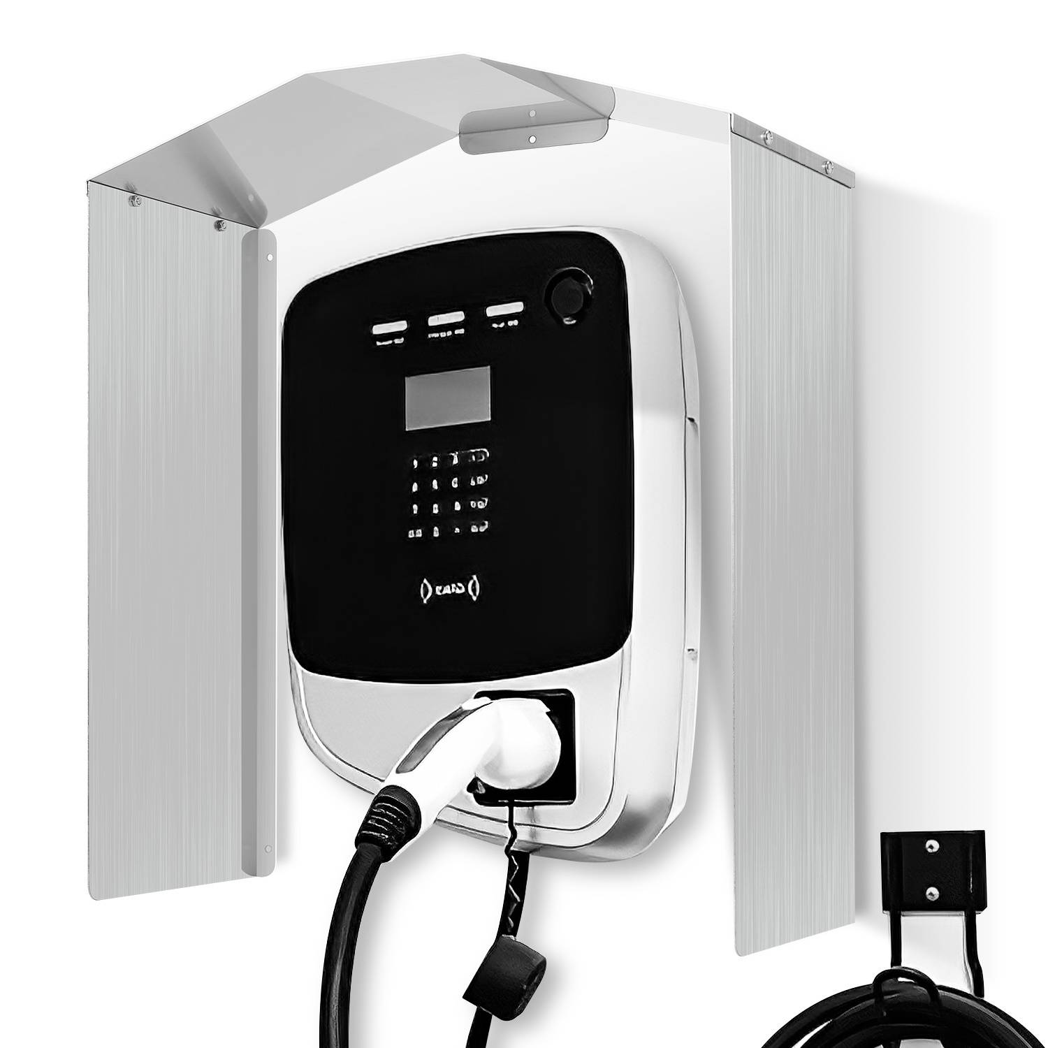 Wandmontierte Elektrofahrzeug-Ladestation mit Frontdisplay, Tastatur und eingestecktem Ladekabel in einem offenen Metallschrank.