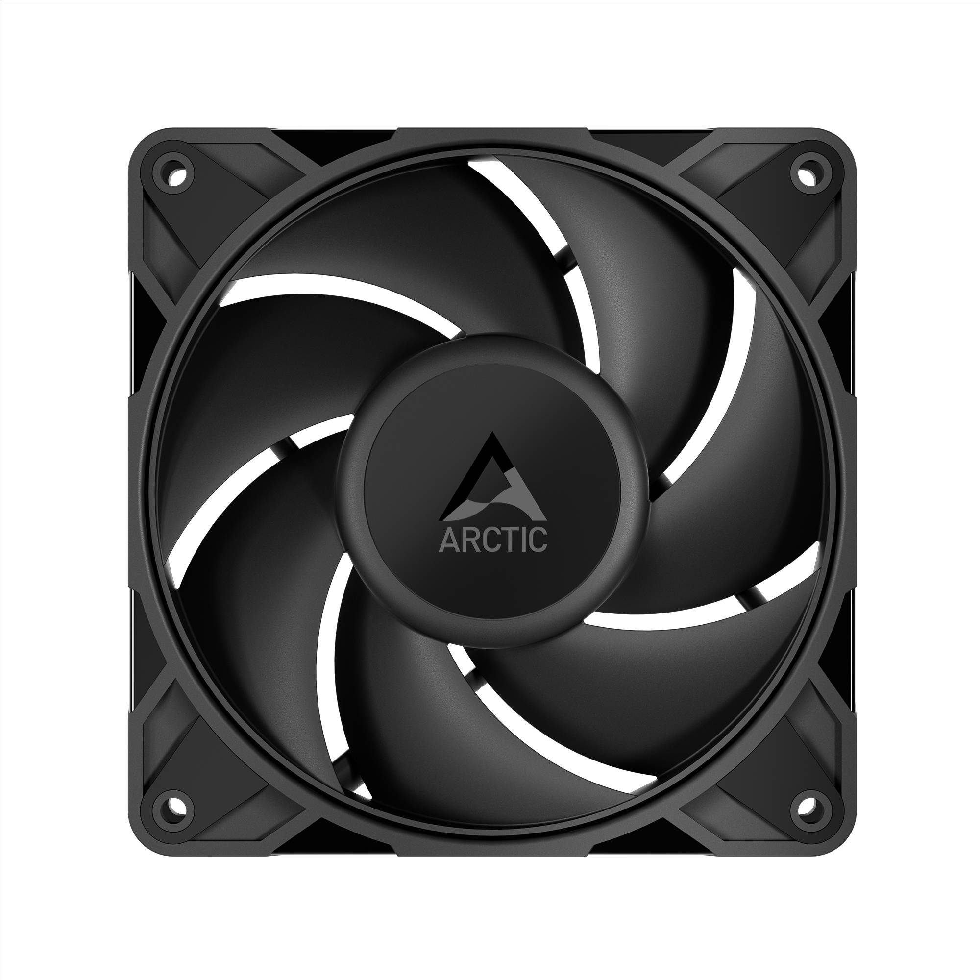 Schwarzer Kühlventilator für Arktis-Computer mit vier Blättern und Befestigungsecken auf weißem Hintergrund.