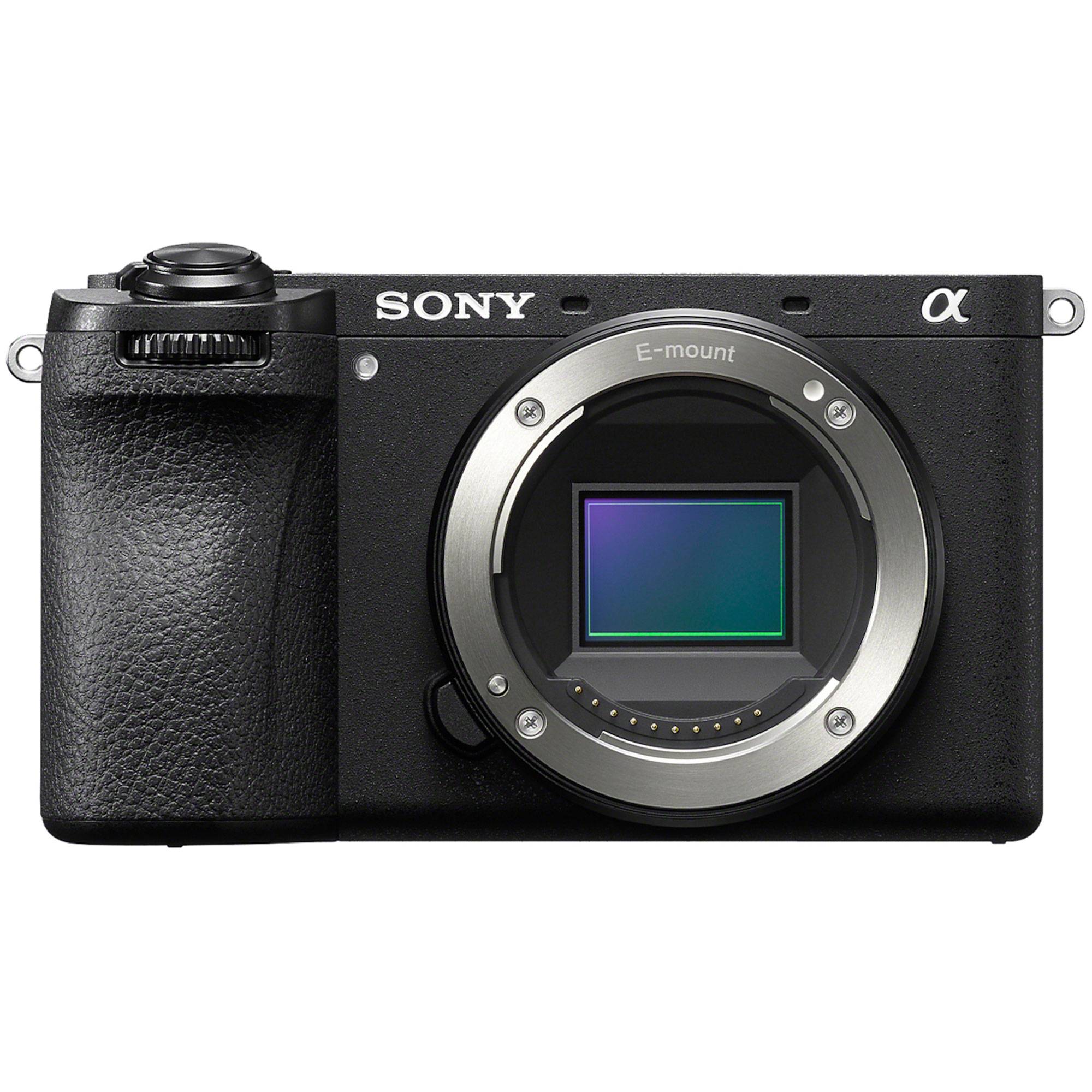 Frontansicht eines Sony-Spiegelloskamera-Gehäuses mit E-Bajonett und freiliegendem Sensor, dargestellt vor weißem Hintergrund.