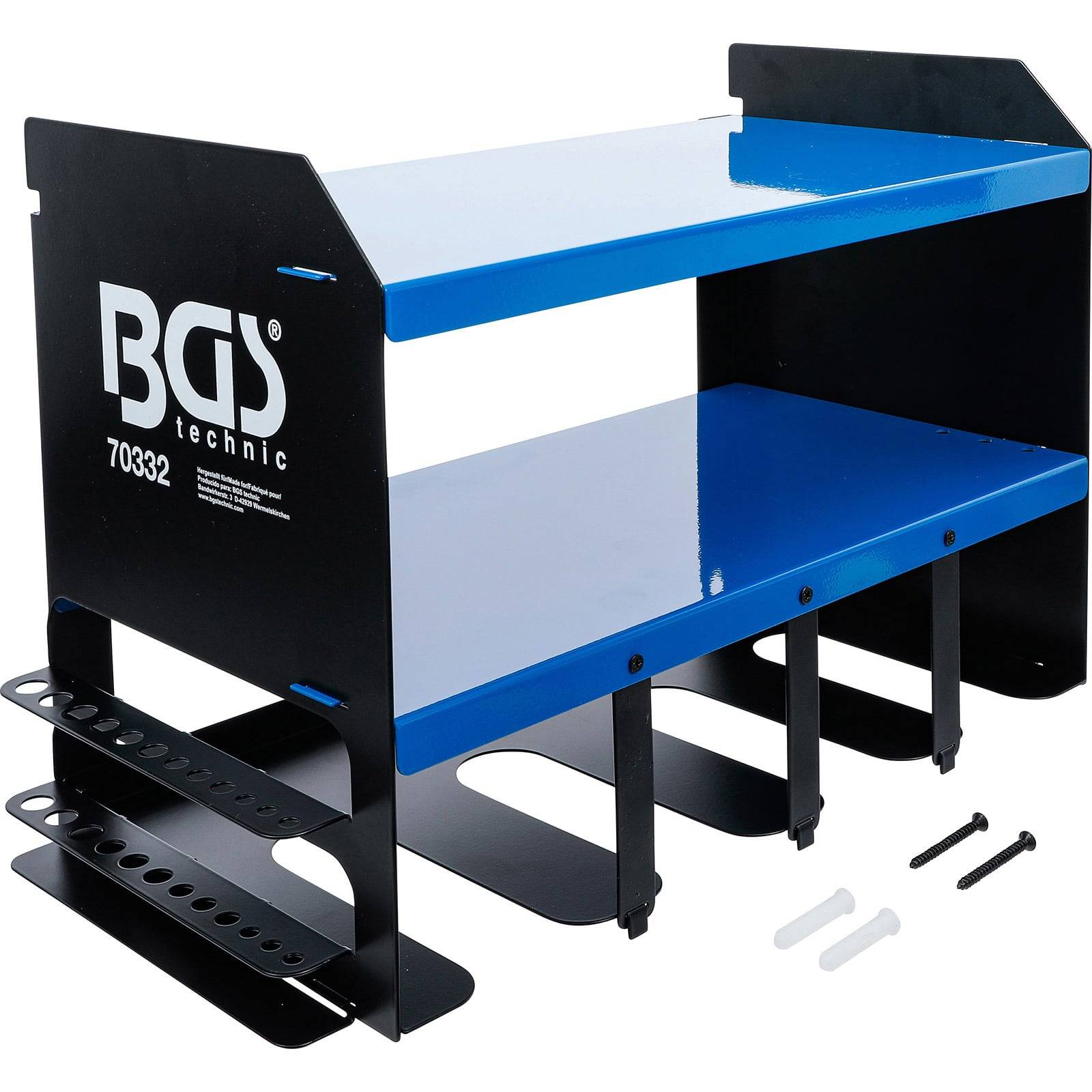 Blaue und schwarze Metallwerkzeughalterung zur Wandmontage mit mehreren Aussparungen und Haken zur Organisation von Elektrowerkzeugen und Zubehör.