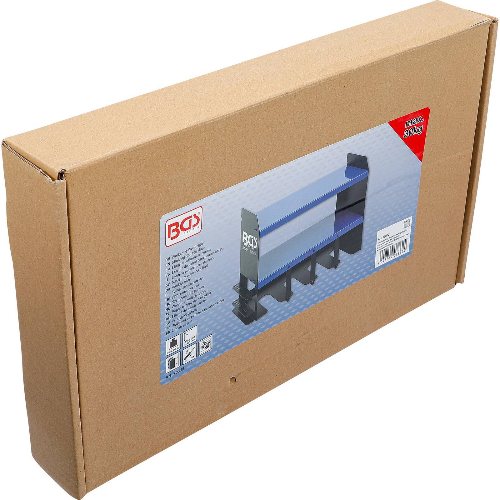 Eine braune Pappschachtel mit einem Etikett, das einen blauen und schwarzen Werkzeugorganizer, das Markenlogo 'BGS' und Produktinformationen für einen Ventilfedern-Kompressor zeigt.
