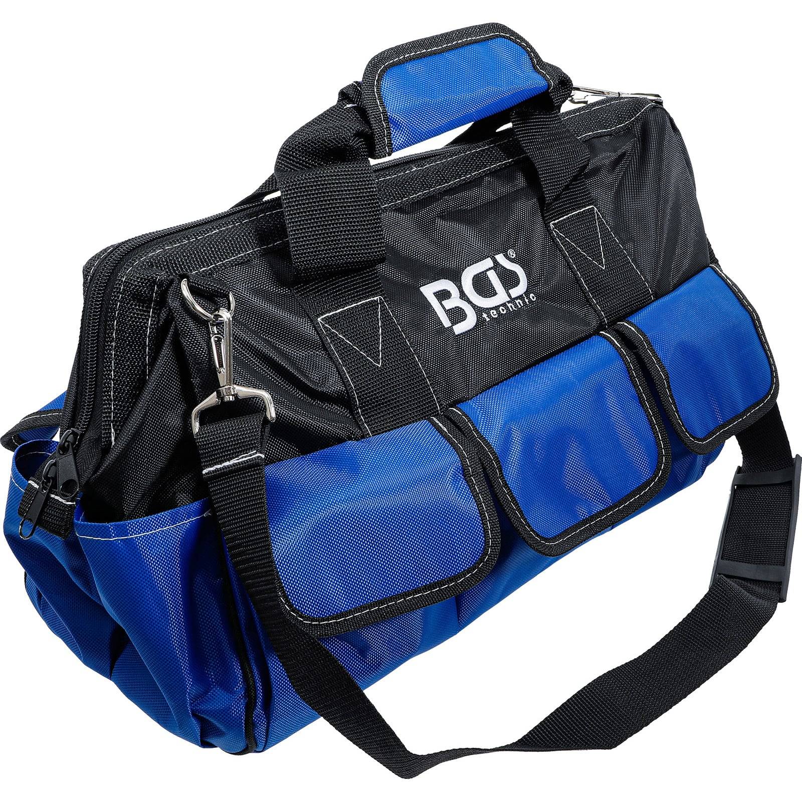 Eine blaue und schwarze Werkzeugtasche mit dem 'BGS'-Logo, ausgestattet mit mehreren Taschen und einem Schultergurt.