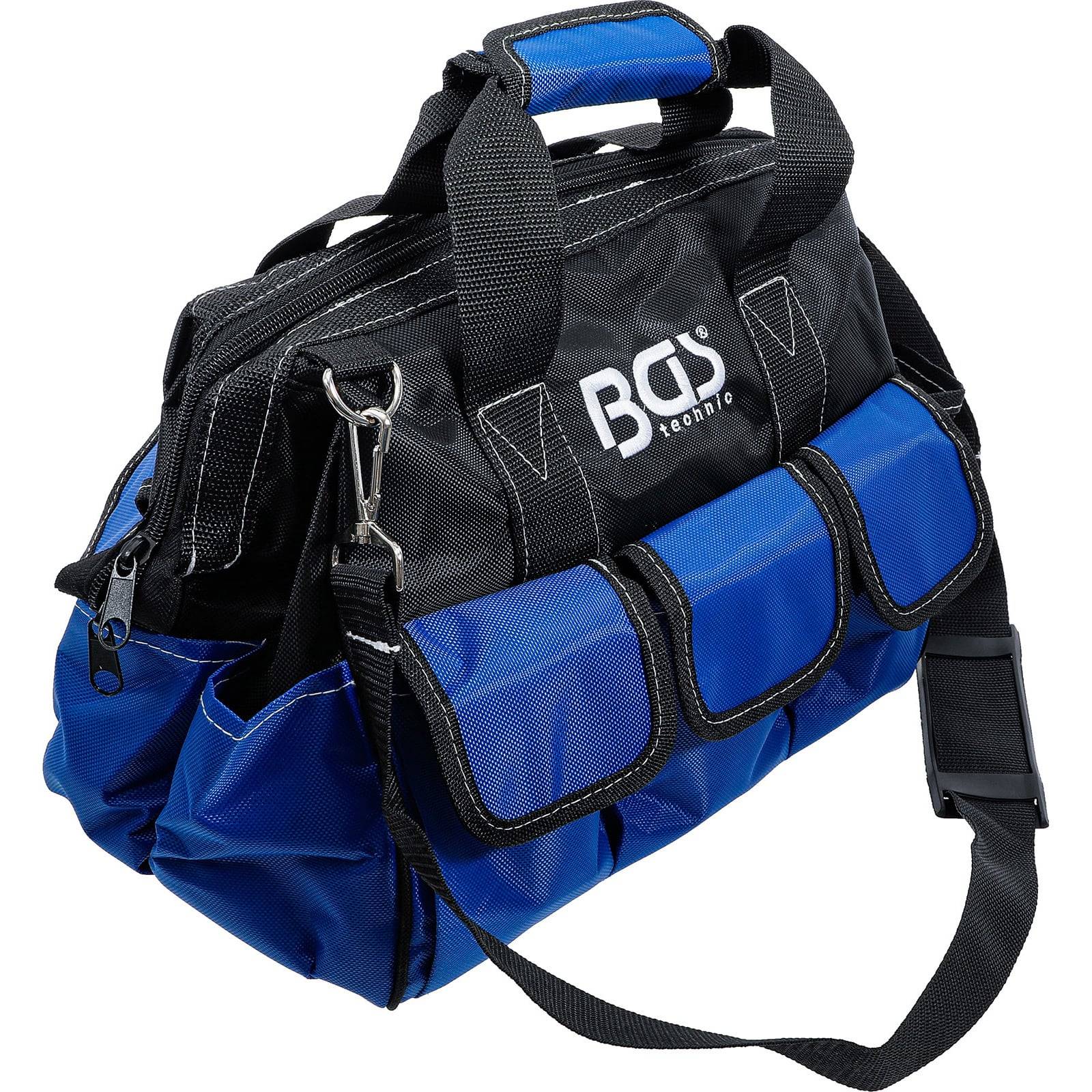 Eine blaue und schwarze Werkzeugtasche mit mehreren Taschen und einem Schultergurt. Die Tasche trägt die Markenbeschriftung 'BGS Technic'.