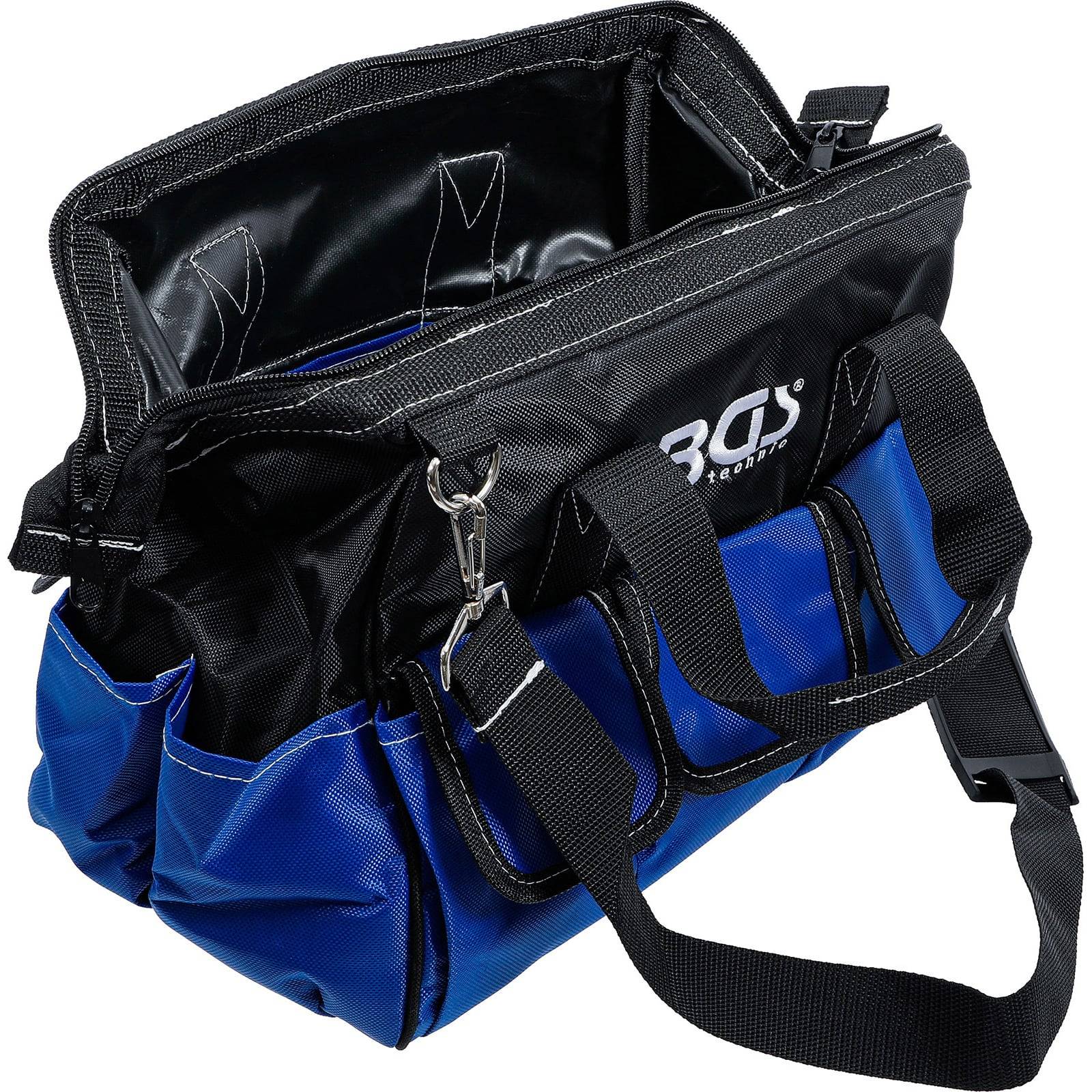 Eine schwarze und blaue Werkzeugtasche mit mehreren Taschen, einem Riemen und Griffen; das Innere ist sichtbar und zeigt Details der Nähte und Fütterung.