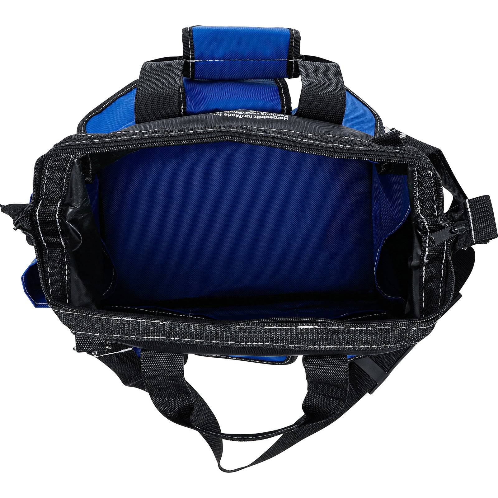 Eine offene blau-schwarze Werkzeugtasche mit mehreren sichtbaren Fächern, die zum Organisieren und Transportieren von Werkzeugen konzipiert ist, von oben betrachtet.