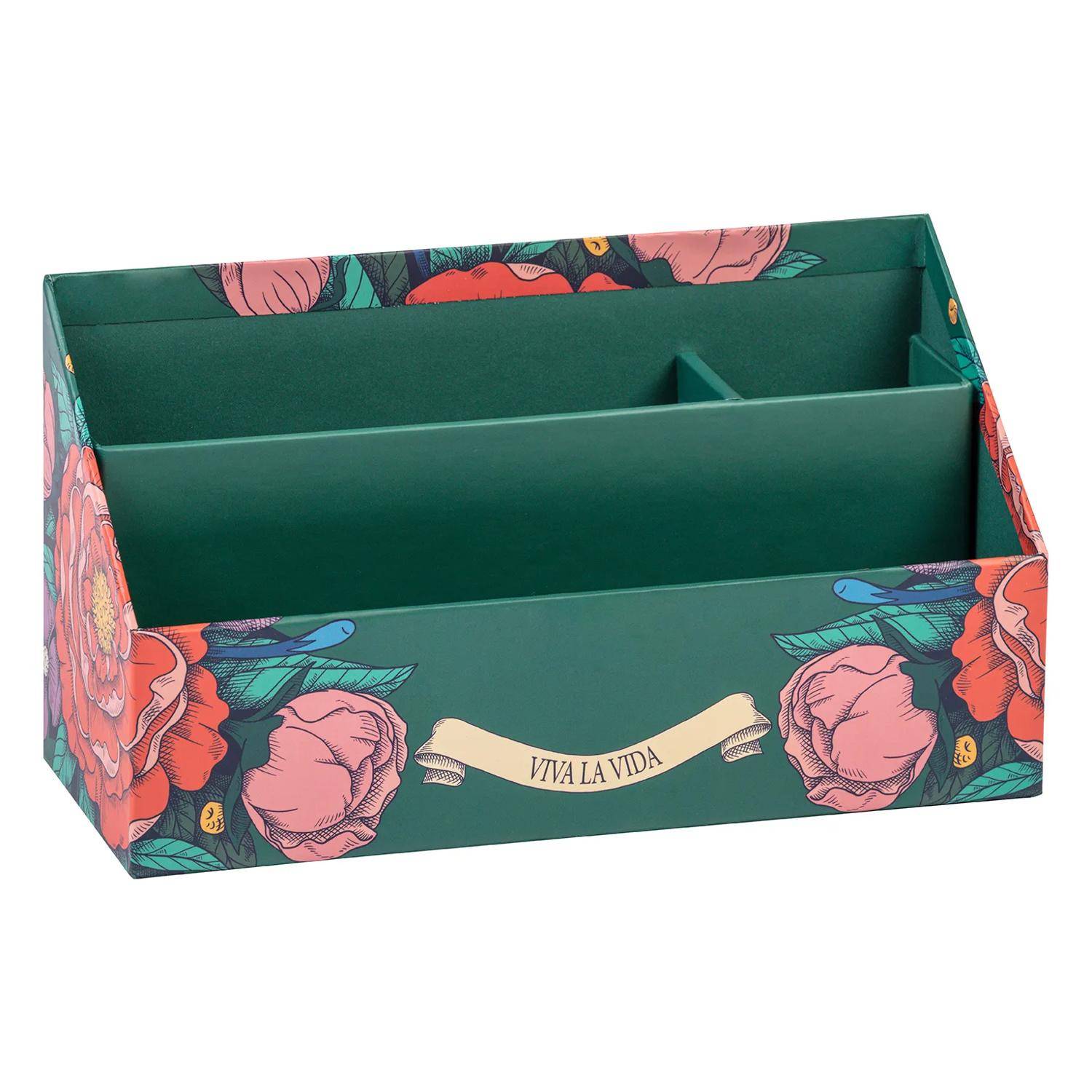 Ein dekorativer grüner Organizer mit Blumenmustern und dem Schriftzug 