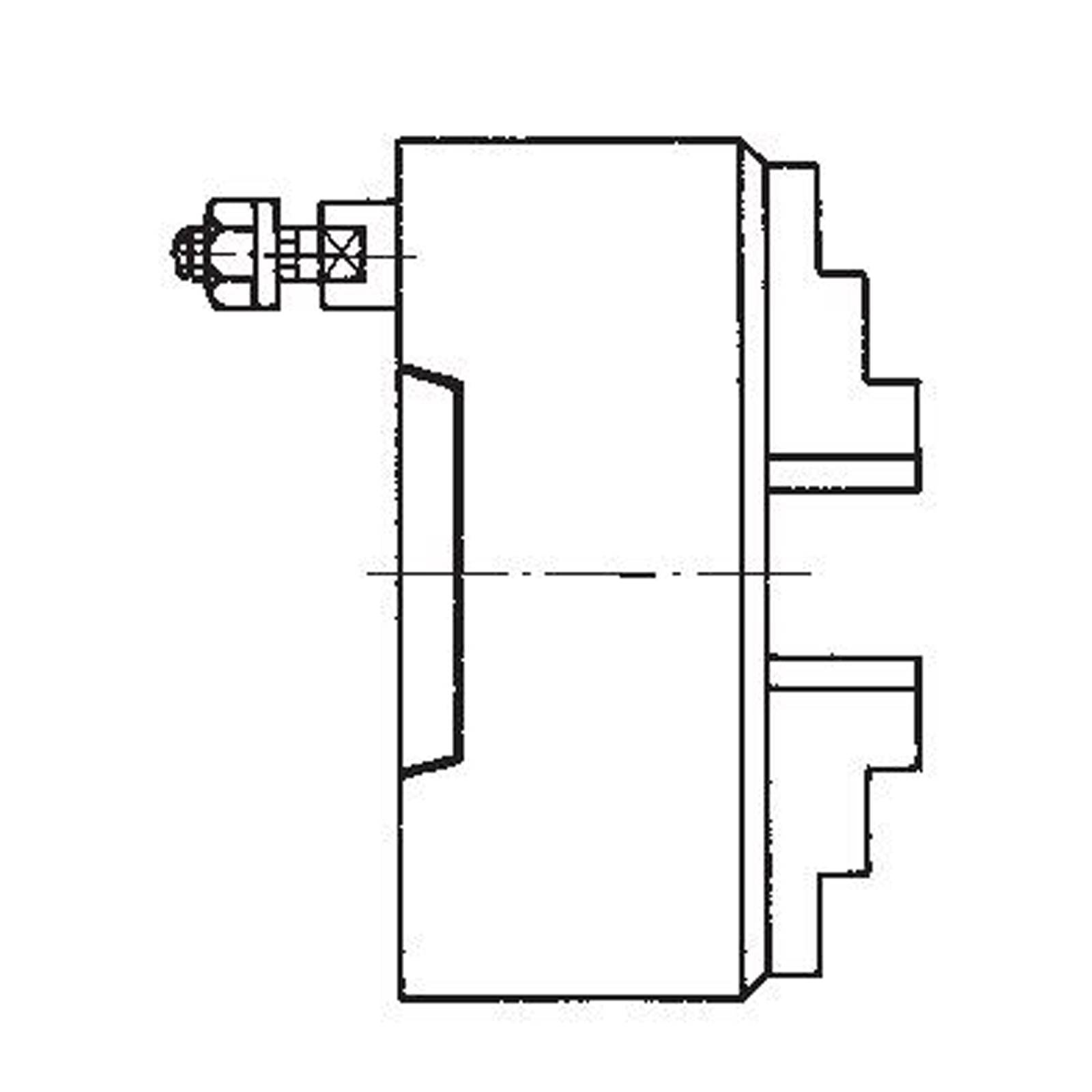 „Eine Seitenansicht eines technischen Schaltplans eines mechanischen Geräts mit einem Drehknopf auf der linken Seite und ineinandergreifenden Kerben auf der rechten Seite.