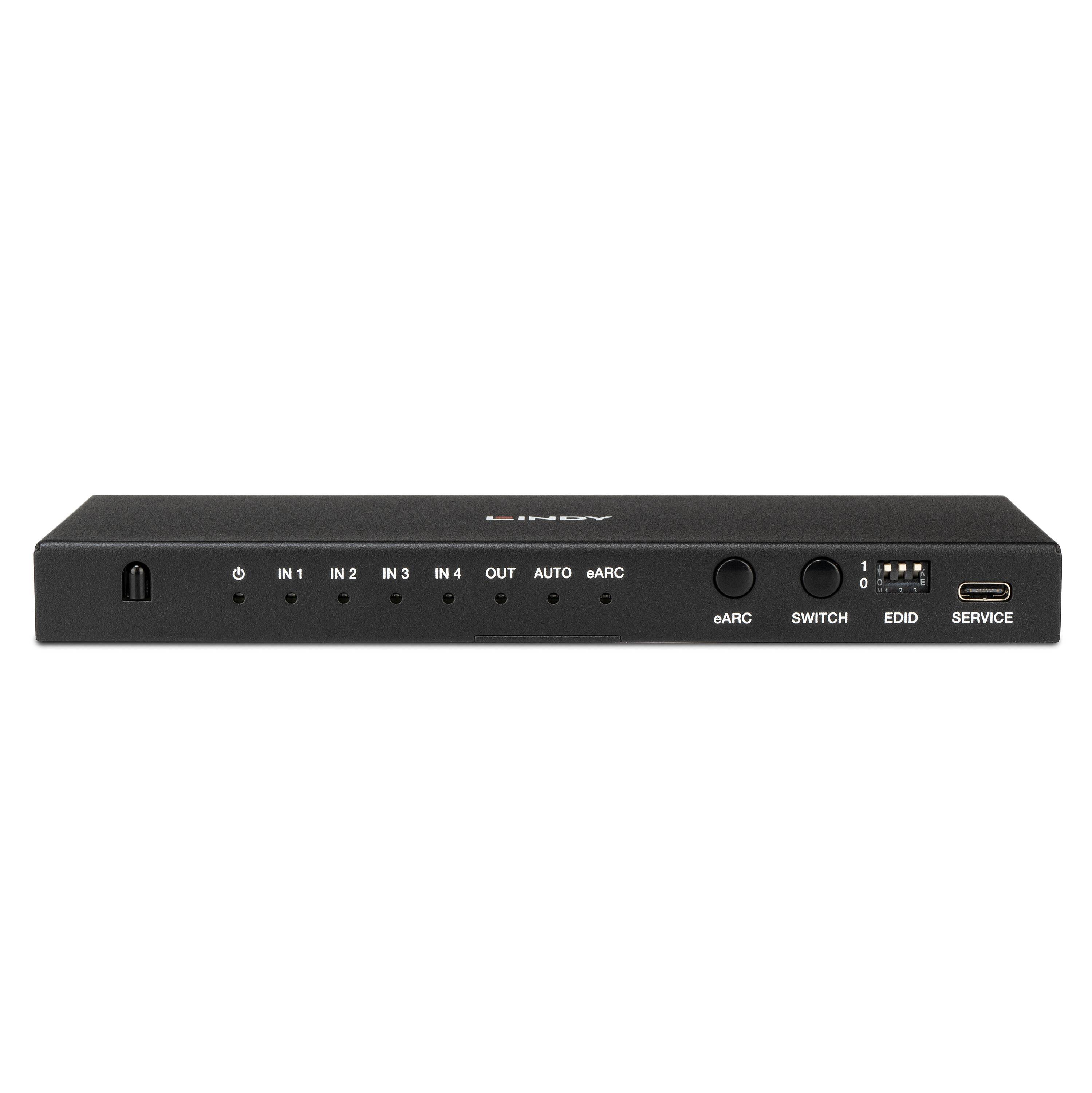 Vorderansicht einer Lindy HDMI-Switchbox mit Tasten mit den Bezeichnungen IN1 bis IN4, OUT, AUTO, eARC, sowie eARC- und SWITCH-Reglern, EDID-Dip-Schaltern und einem SERVICE-Anschluss.