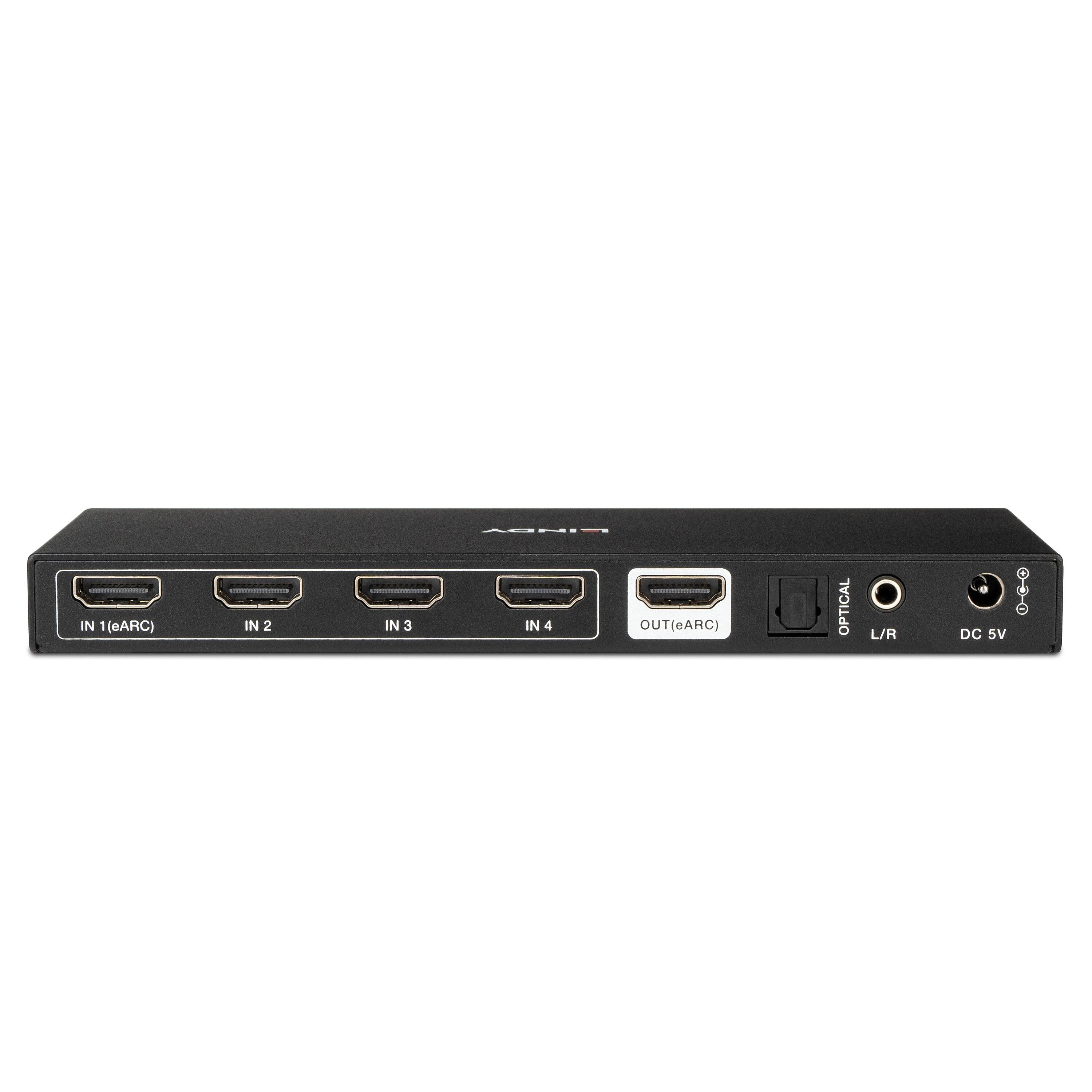 Schwarzer HDMI-Umschalter mit vier Eingangsanschlüssen mit den Bezeichnungen IN 1 (eARC), IN 2, IN 3, IN 4, einem OUT-Anschluss (eARC), optischem Audio, L/R und DC 5V Stromeingang.