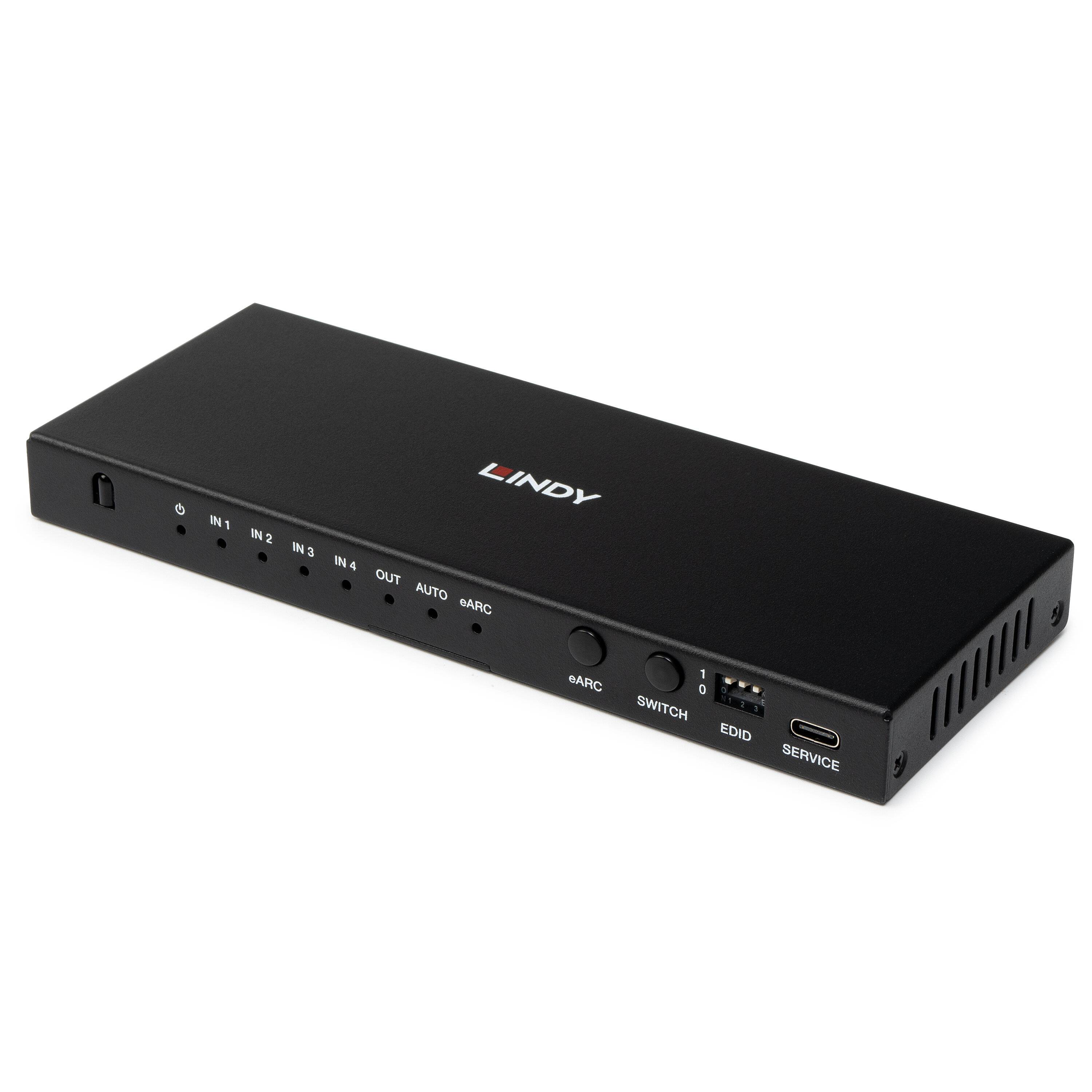 Schwarze LINDY-Geräte-Box mit Eingabe-/Ausgabeindikatoren auf der Frontplatte, Modusschalter, Bearbeitungsschaltfläche und USB-C-Serviceport.