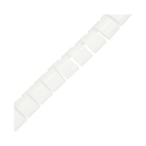 Eine Ecke einer weißen, segmentierten, flexiblen Kabelabdeckung in einem Winkel, der ihre Form und einfaches Design zeigt.