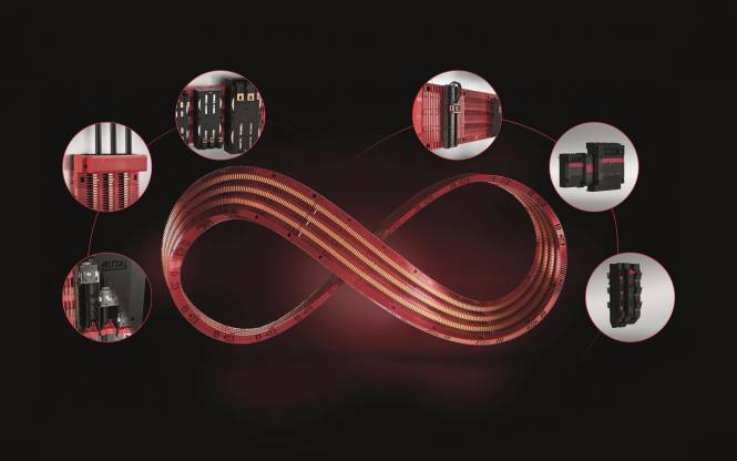 Ein rotes und schwarzes Unendlichkeitssymbol mit verschiedenen elektronischen Komponenten herum, das ein Thema kontinuierlichen technologischen Fortschritts veranschaulicht.