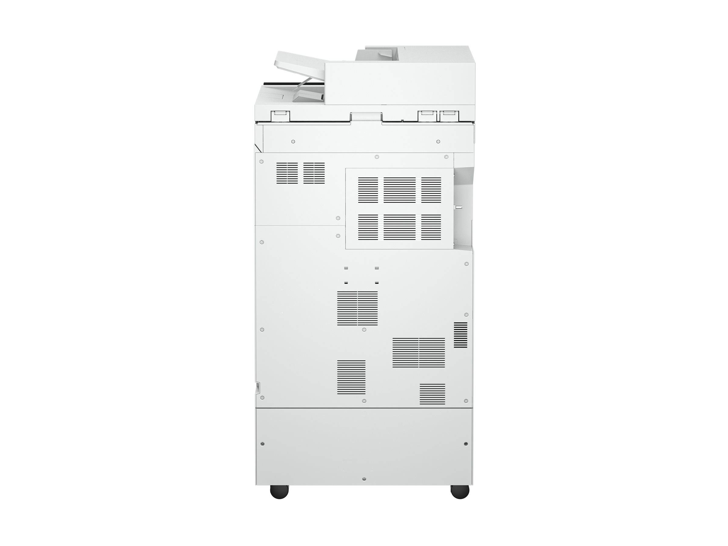 Ein weißer Multifunktionsdrucker/Kopierer mit mehreren Lüftungsöffnungen und einem Papierfach oben, entwickelt für die Büronutzung.