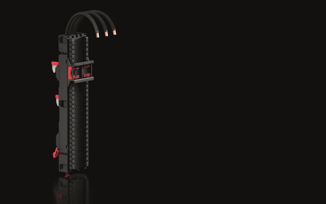 Ein schwarzes Serverrack mit mehreren Kabeln, die oben angeschlossen sind, wobei ein Abschnitt mit roten Komponenten hervorgehoben wird, vor einem dunklen Hintergrund.