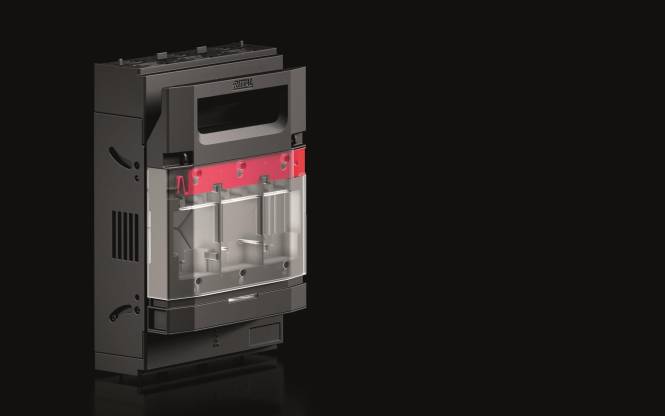 Ein 'Rittal' markiertes industrielles elektrisches Bauteil mit einem schwarzen Gehäuse und einem transparenten roten Abschnitt zur Sichtbarkeit der Innenelemente.