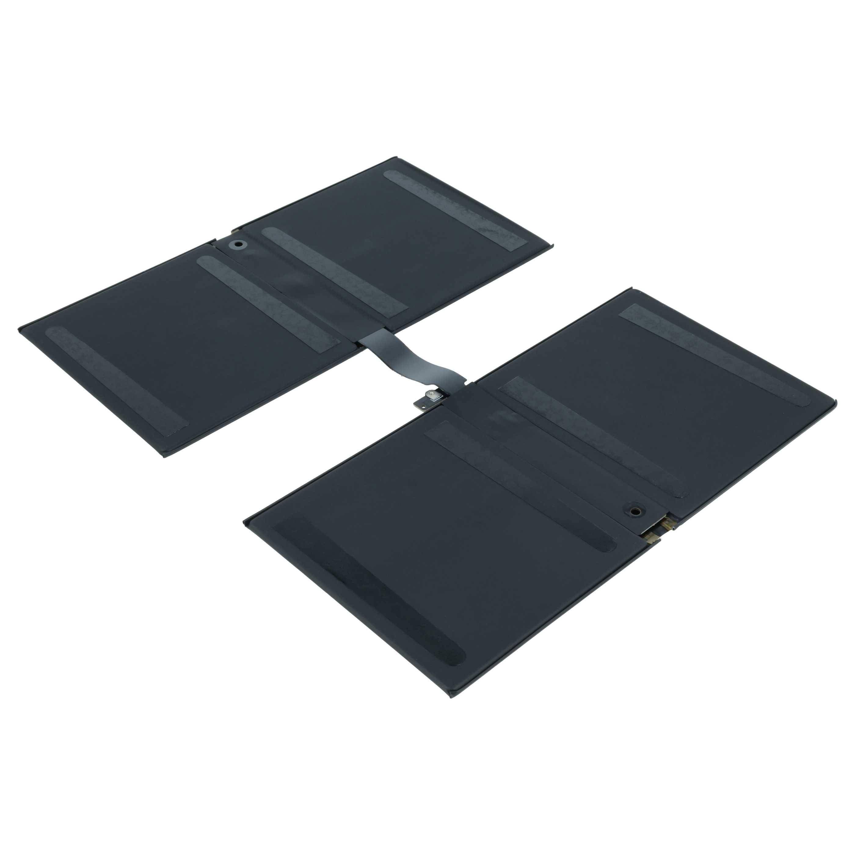 Ein schwarzes, flaches Objekt mit vier Abschnitten und einer Scharnier in der Mitte, möglicherweise ein faltbares Solarpanel oder ein ähnliches Gerät.