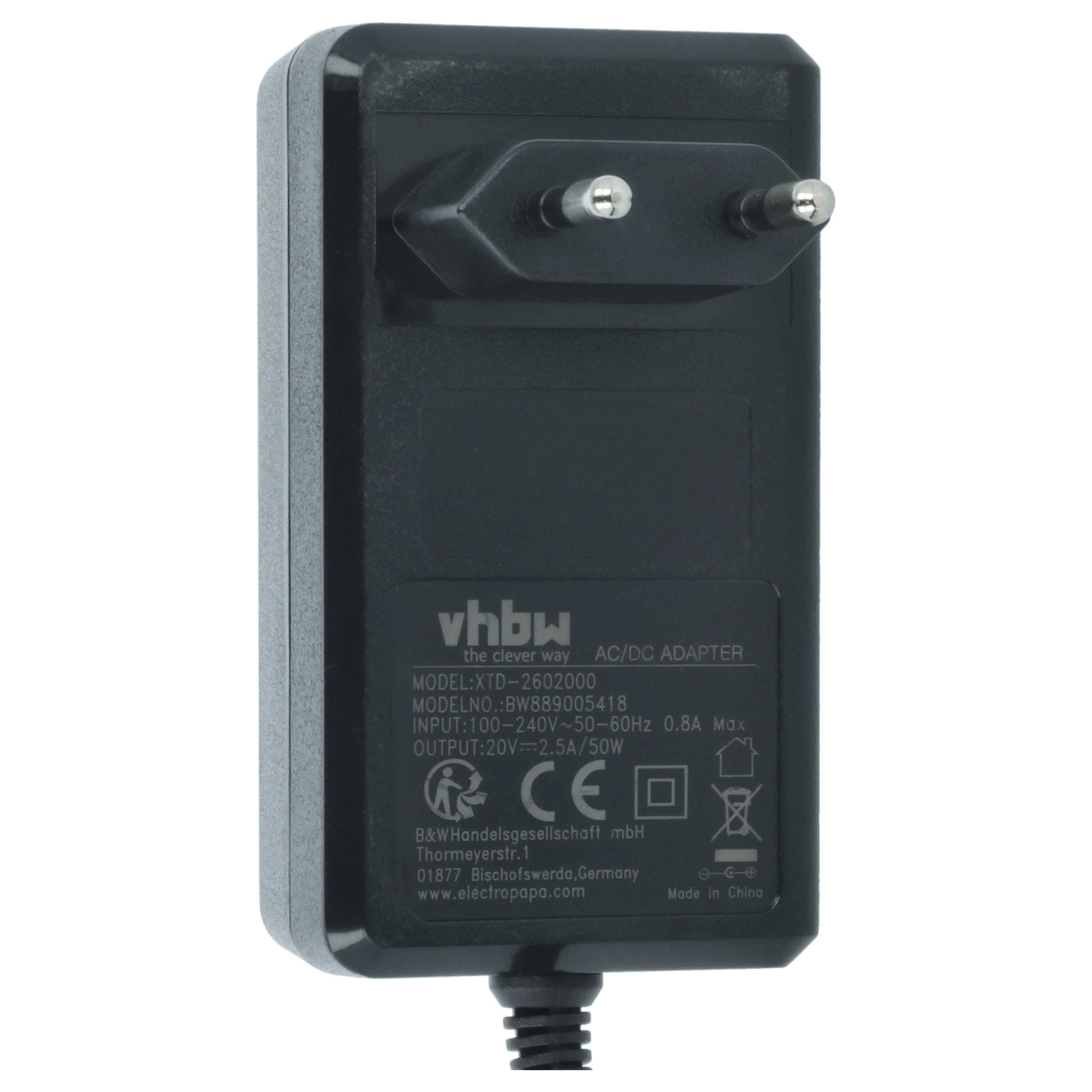 Netzteil mit zweipinnigem Stecker und schwarzem Gehäuse. 'EINGANGSSPANNUNG: 100-240V, 50-60Hz, 0,8A, AUSGANGSSPANNUNG: 12V-2,5A' auf dem Etikett gedruckt.