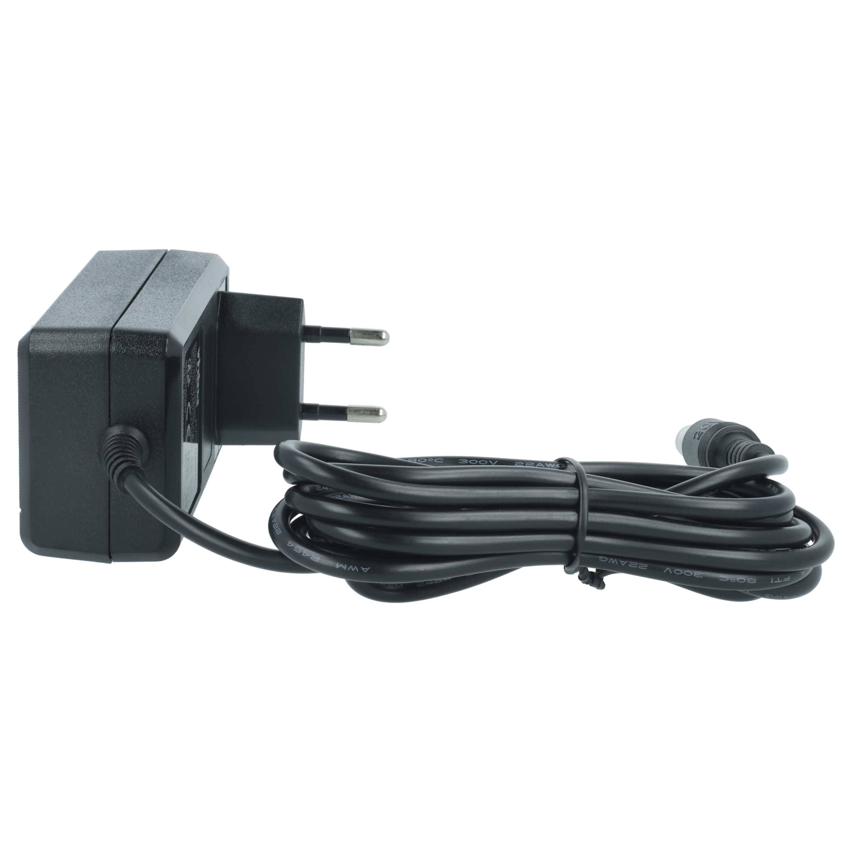 Ein schwarzes Netzteil mit europäischem Stecker und langem Kabel, ordentlich aufgewickelt, geeignet zum Aufladen elektronischer Geräte.