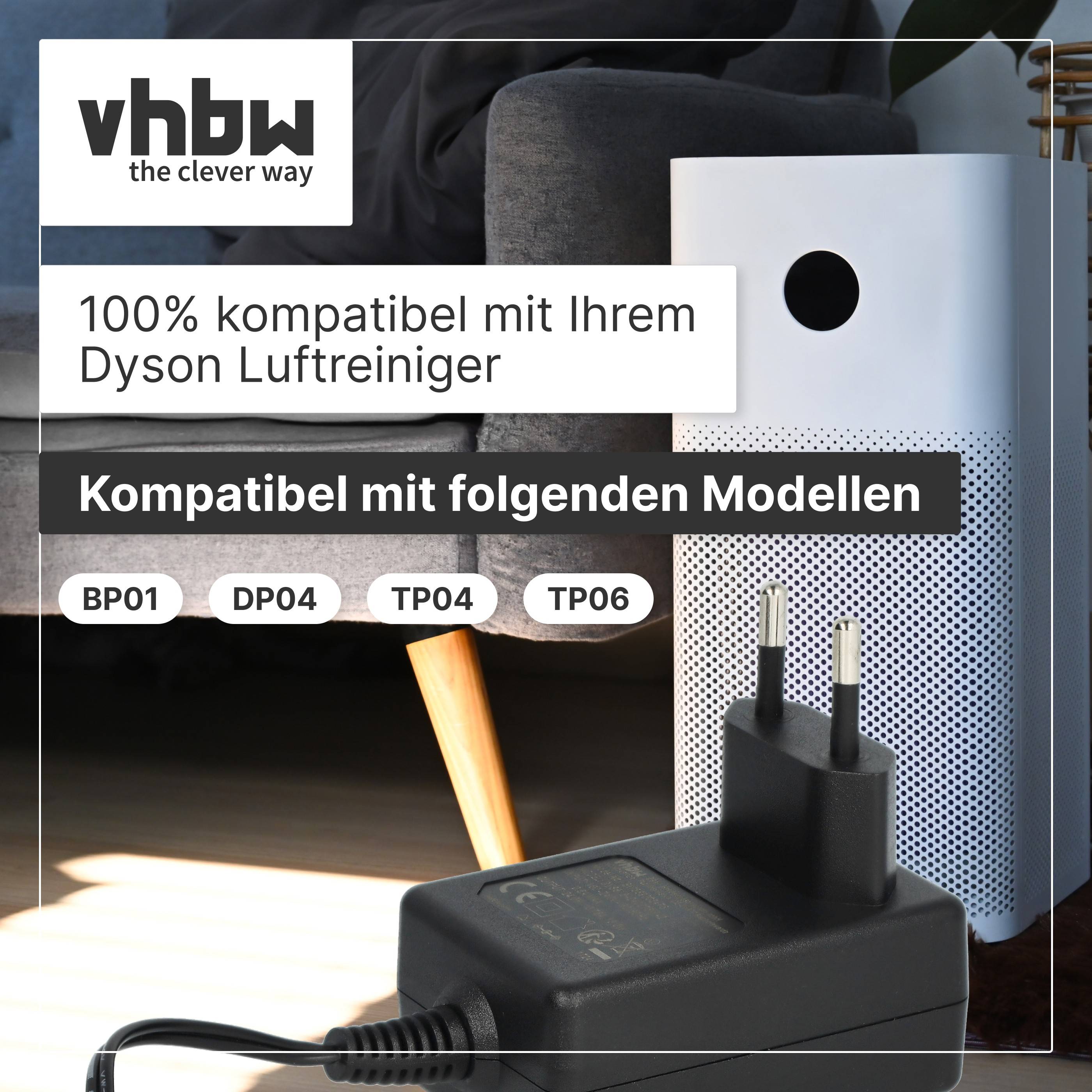 Anzeige für einen vhbw Ersatz-Stromadapter mit der Behauptung von 100% Kompatibilität mit Dyson-Luftreinigern; kompatible Modelle aufgelistet: BP01, DP04, TP04, TP06.