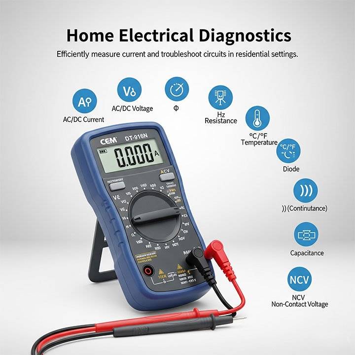 CEM DT-916N Multimeter für den Heimgebrauch – Spannung, Strom, Widerstand, Kapazität, Durchgang, Dioden, Frequenz sowie berührungslose Spannung