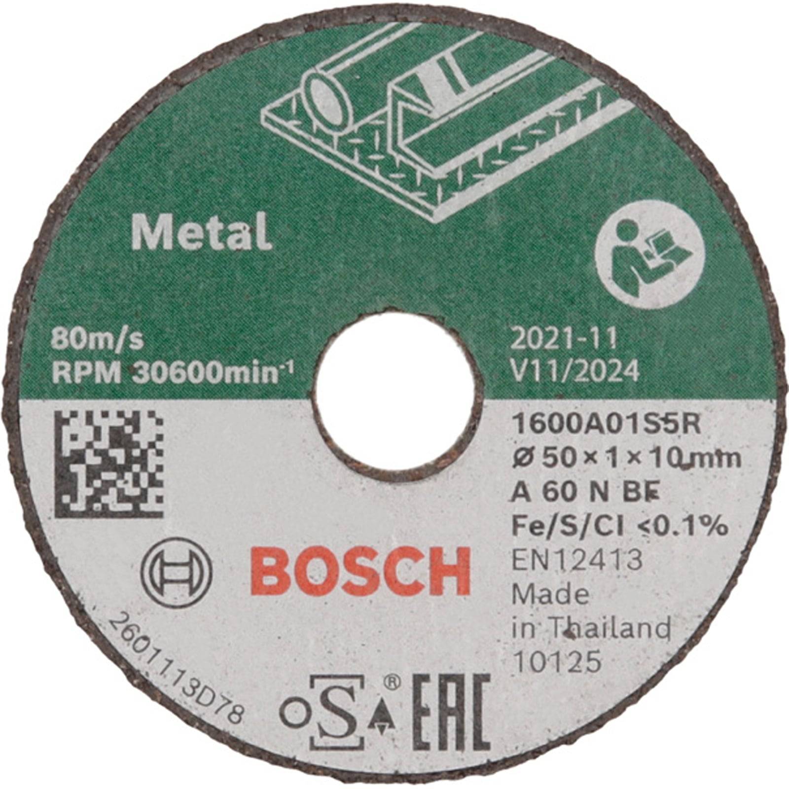 Bosch Metalltrennscheibe, 80m/s, 30600 U/min, 1600A0155R. Hergestellt in Thailand. A 60 N BF. EN12413 Normen. 50x1x10mm. 2021-11, V11/2024.